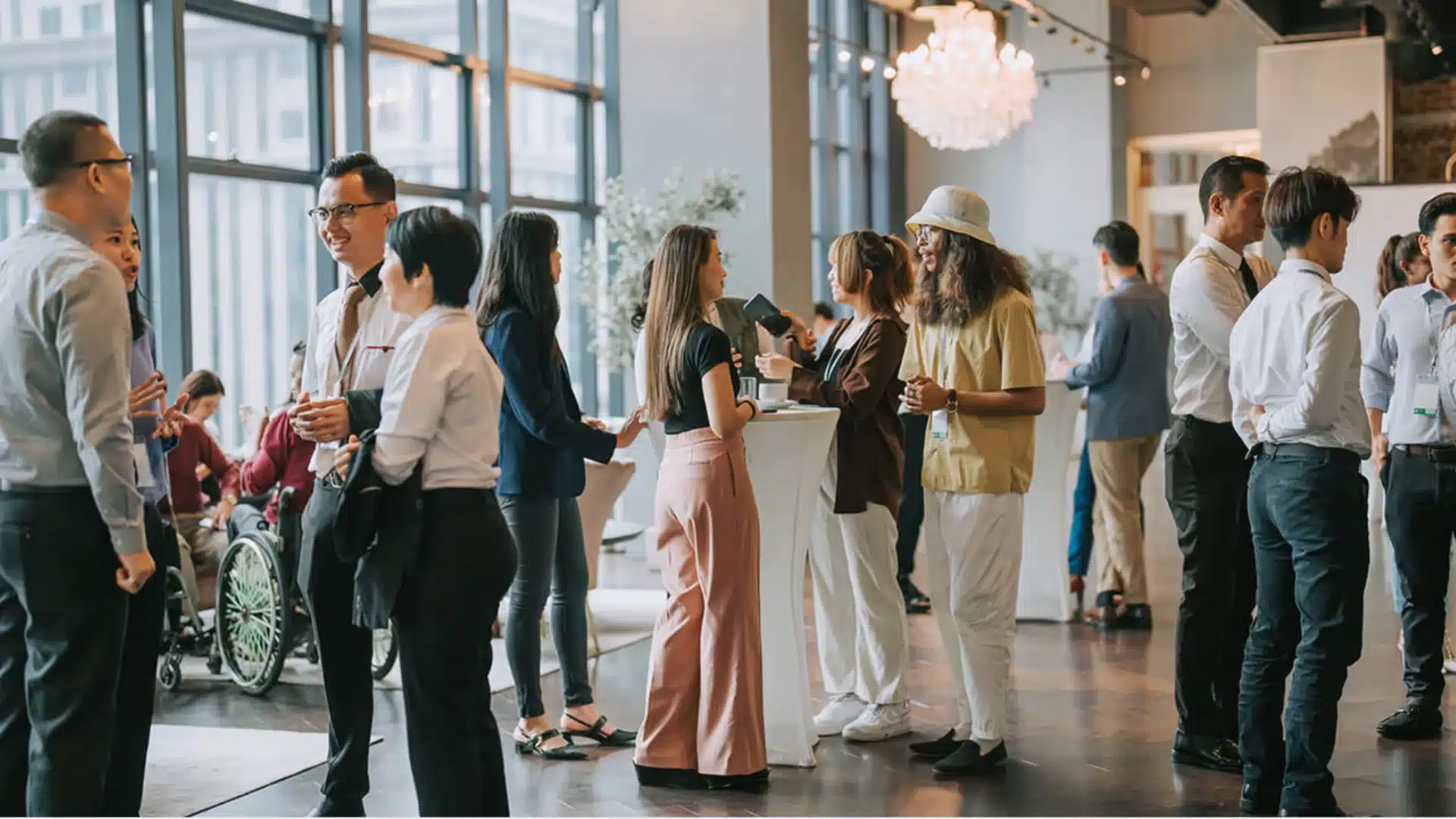 Networking event with professionals chatting in a modern venue, exchanging ideas and building connections