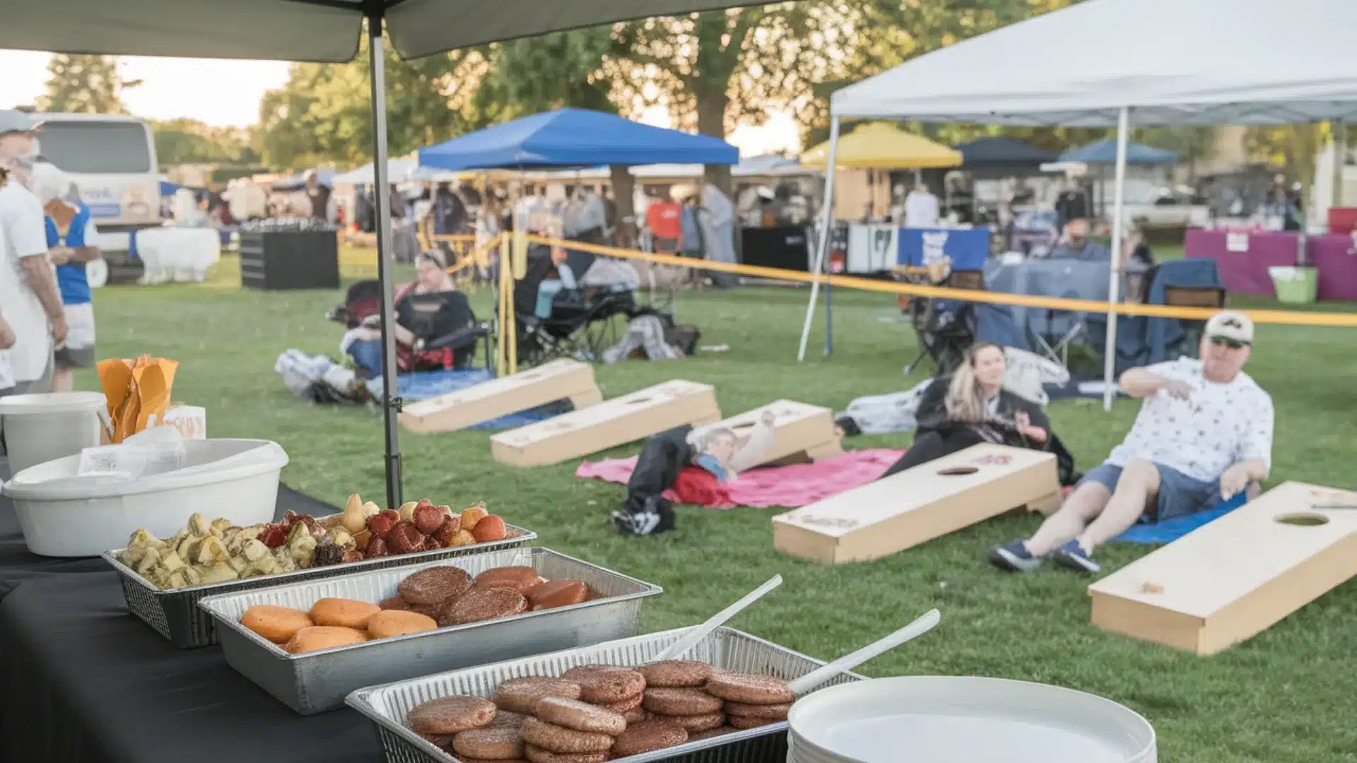 Outdoor community barbecue with food trays, lawn games, tents, and people relaxing in park setting