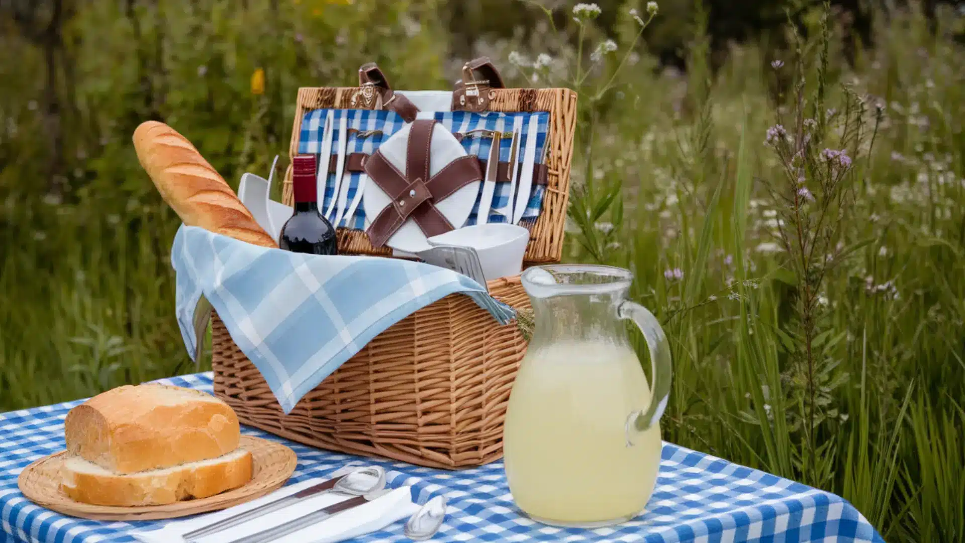 Outdoor picnic basket setup with bread, wine, plates and lemonade on checkered cloth in grassy field