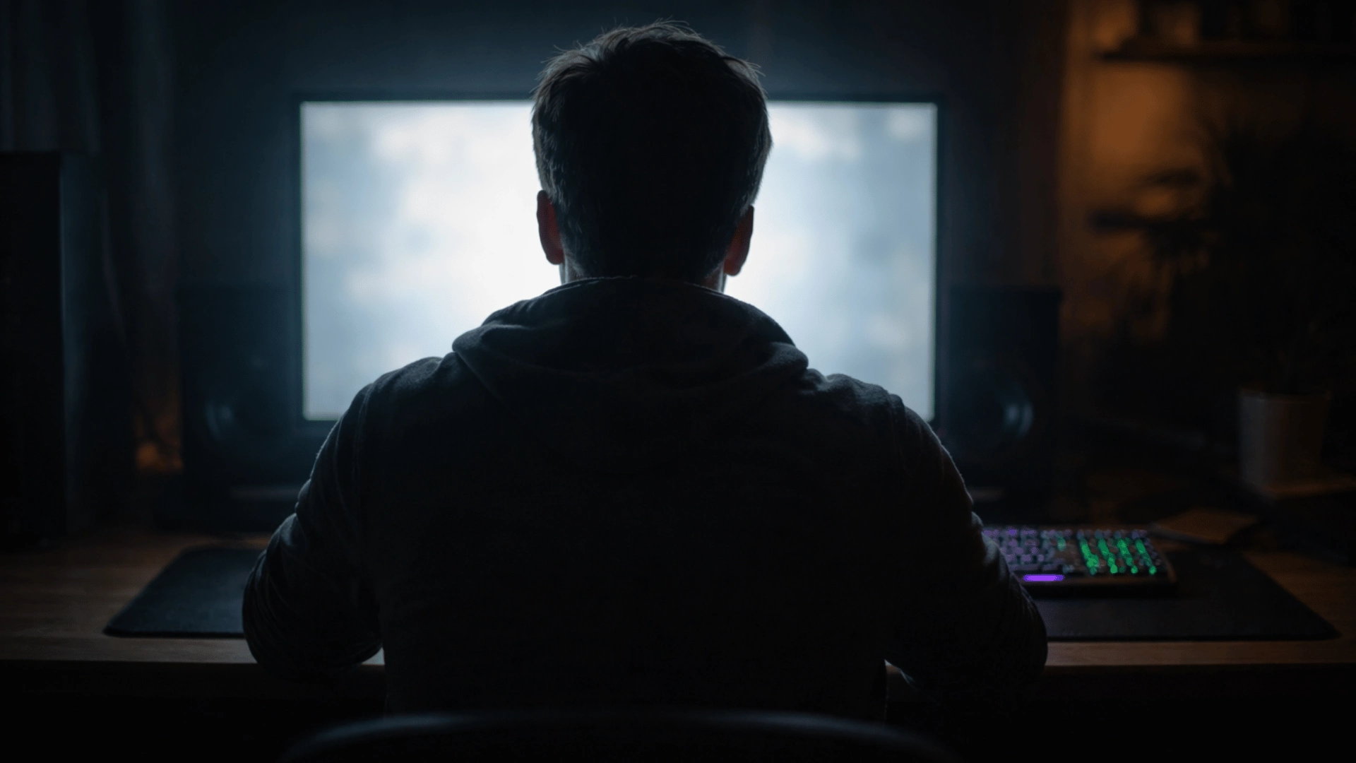 Rear view of tired male gamer at desk, dim room, glowing monitor and RGB keyboard casting soft shadows