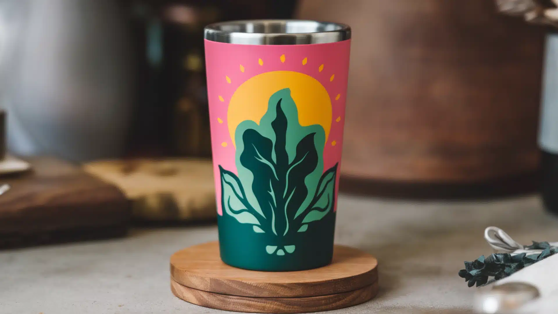 Reusable coffee cup with colorful plant design placed on wooden coaster in a cozy indoor setting