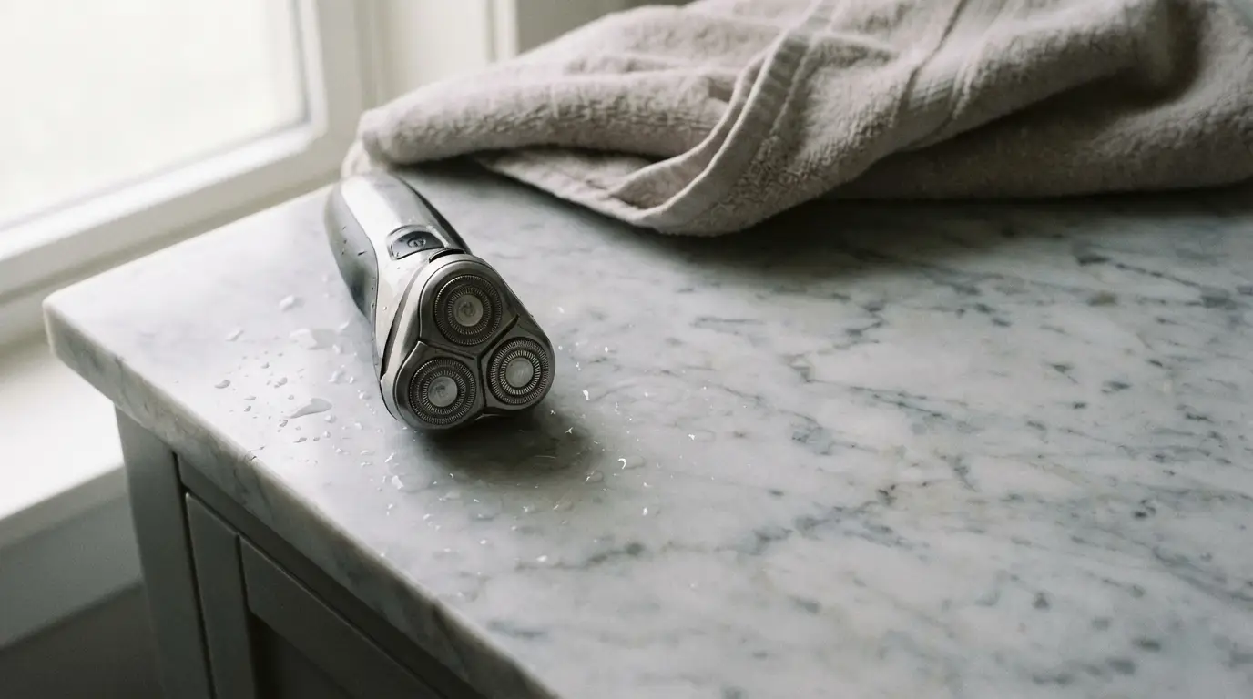 Electric shaver with water droplets on marble countertop beside beige towel