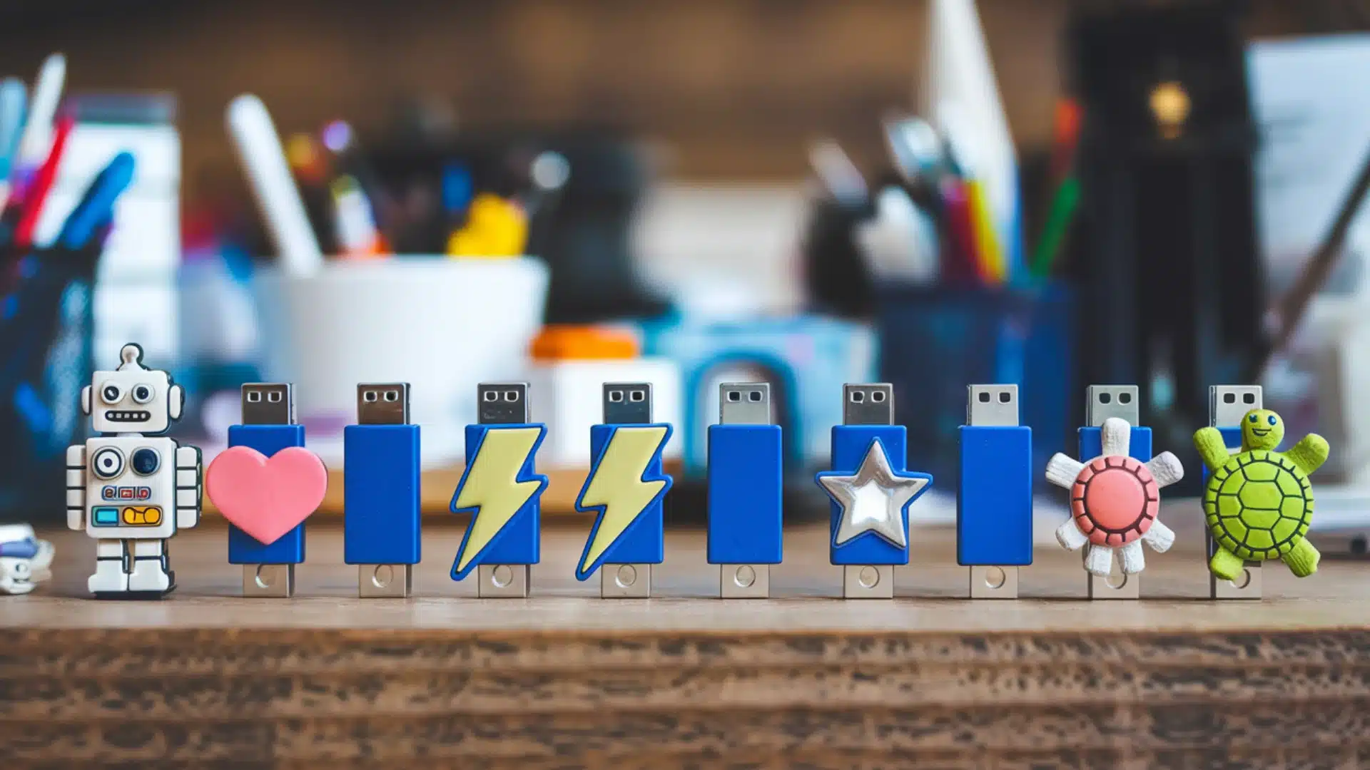 Row of personalized USB flash drives with playful designs including robot heart star and turtle on desk