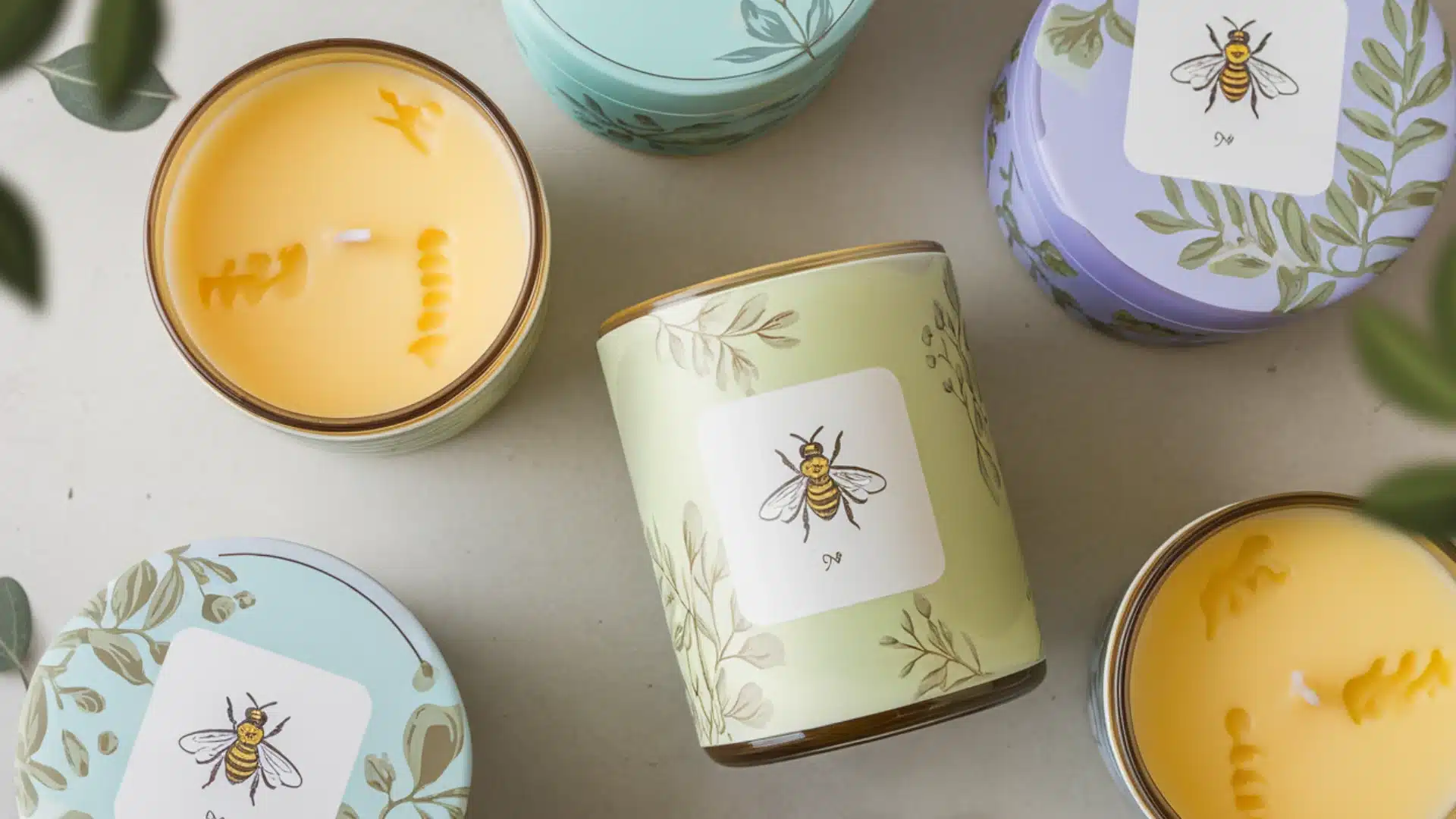 Scented candles in decorative tins with floral designs and bee labels arranged on soft neutral background