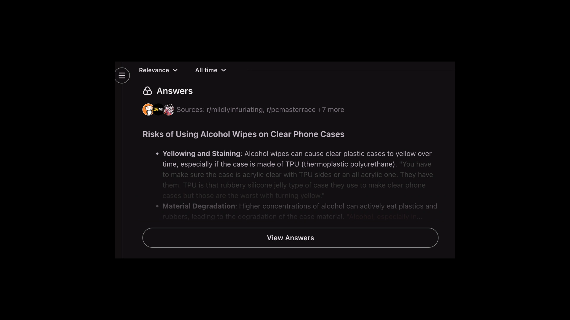 Screenshot of search results about the risks of using alcohol wipes on clear phone cases, citing yellowing and degradation.
