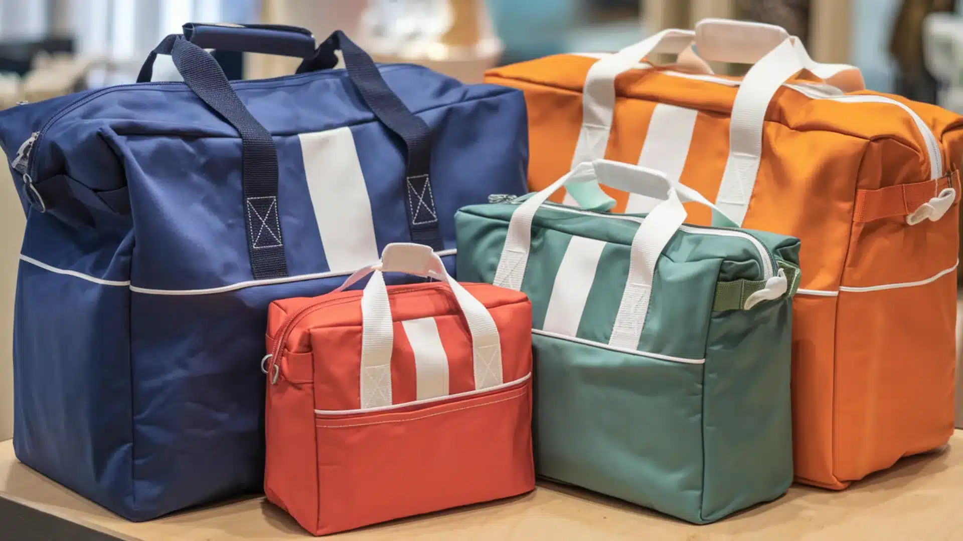 Set of colorful insulated travel bags in different sizes arranged together for storage or outdoor use
