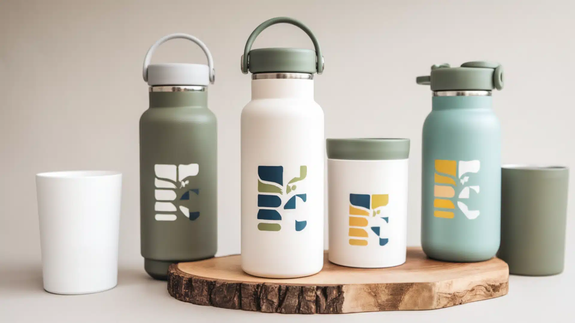 Set of reusable water bottles and tumblers in soft pastel colors displayed on wooden base indoors