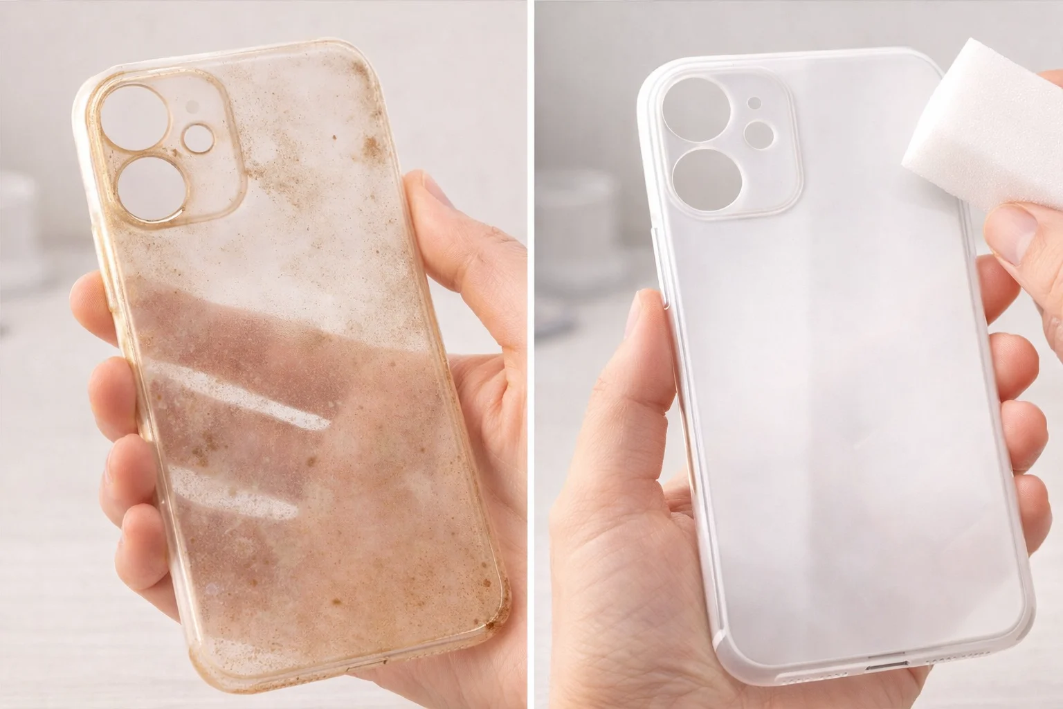 Side-by-side comparison of a dirty, yellowed clear phone case and a clean, bright white case being wiped.