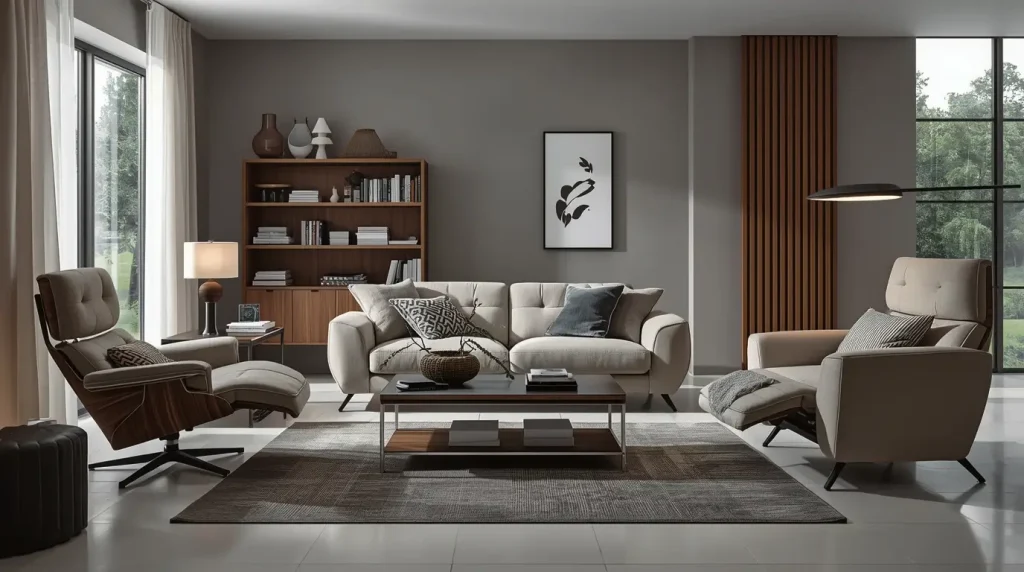 Modern living room with beige sofas, bookshelf, and floor-to-ceiling windows under natural light