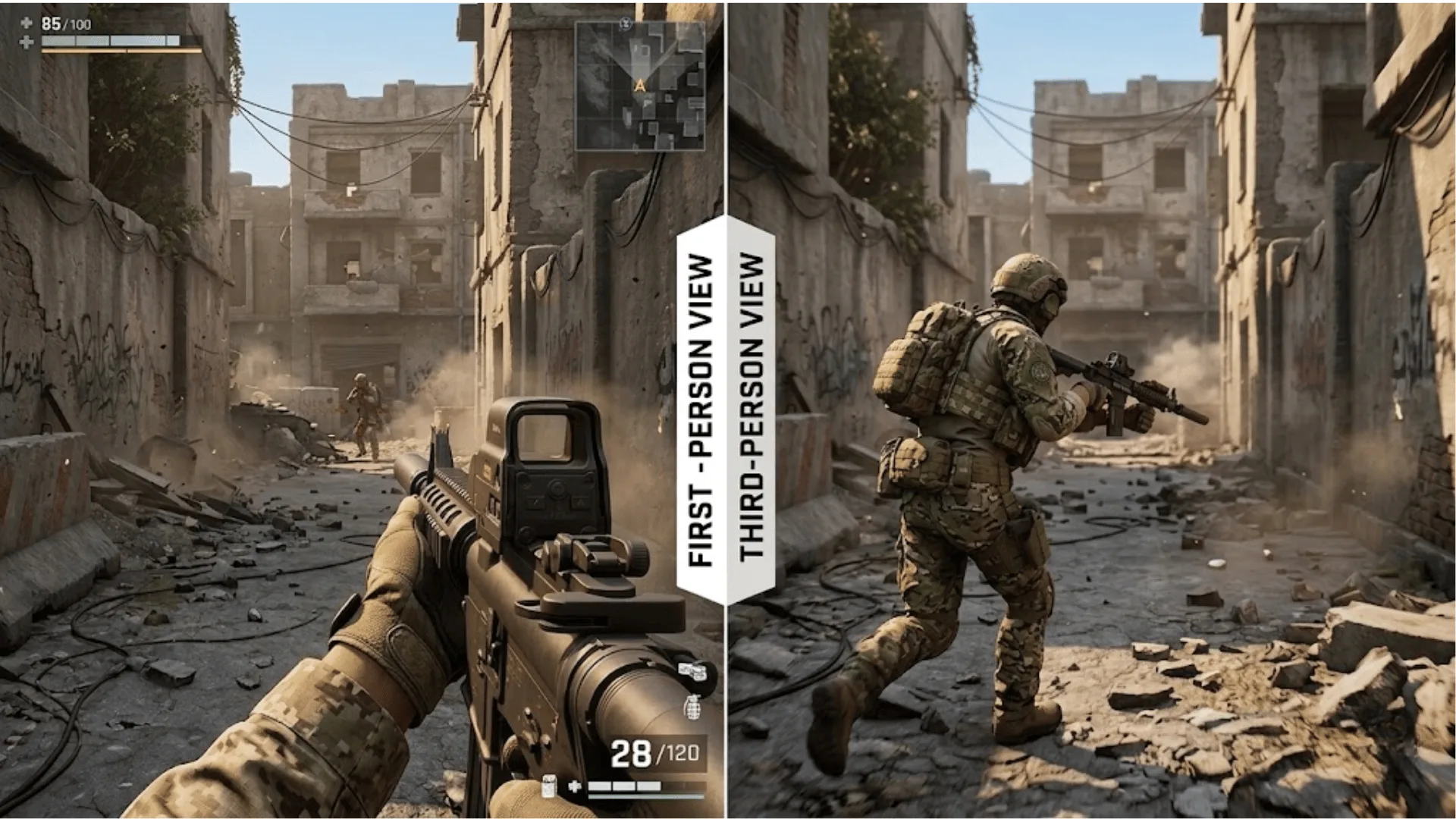 Split screen first person and third person shooter views in urban combat setting with weapon and soldier in action