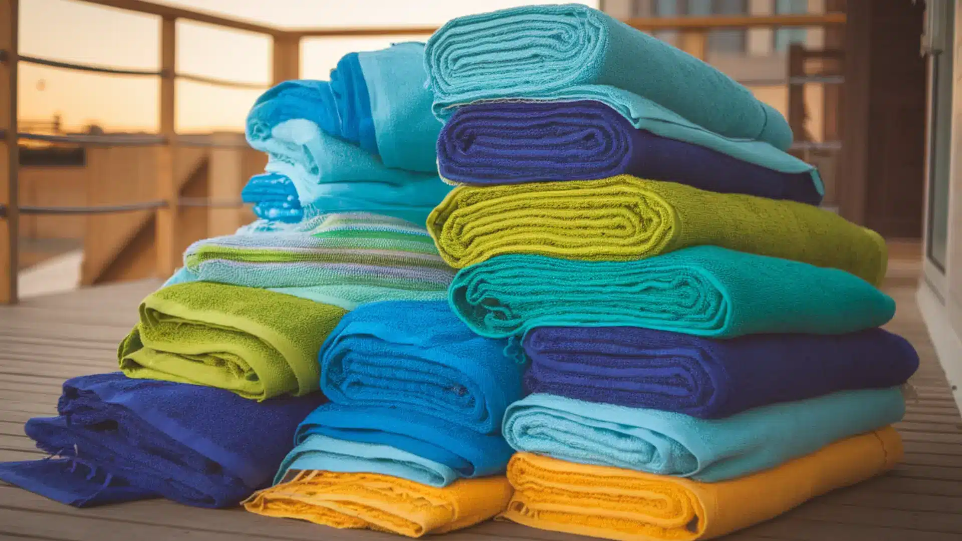 Stack of bright beach towels in blue green and yellow shades neatly folded on wooden outdoor deck