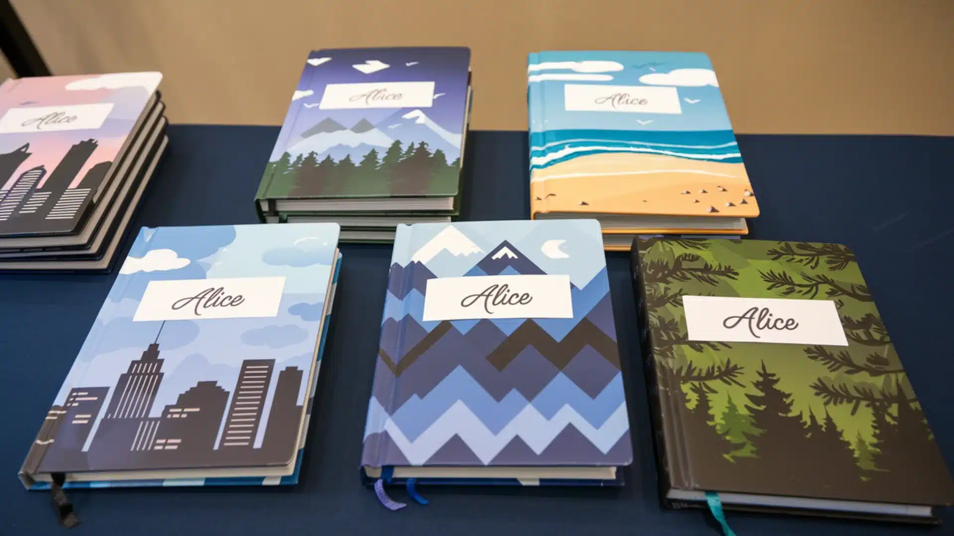 Stack of personalized notebooks with illustrated covers labeled Alice displayed neatly on table for gifting