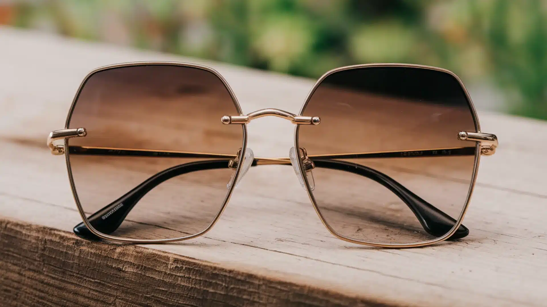 Stylish gold frame sunglasses with brown tinted lenses placed on wooden surface with blurred green background
