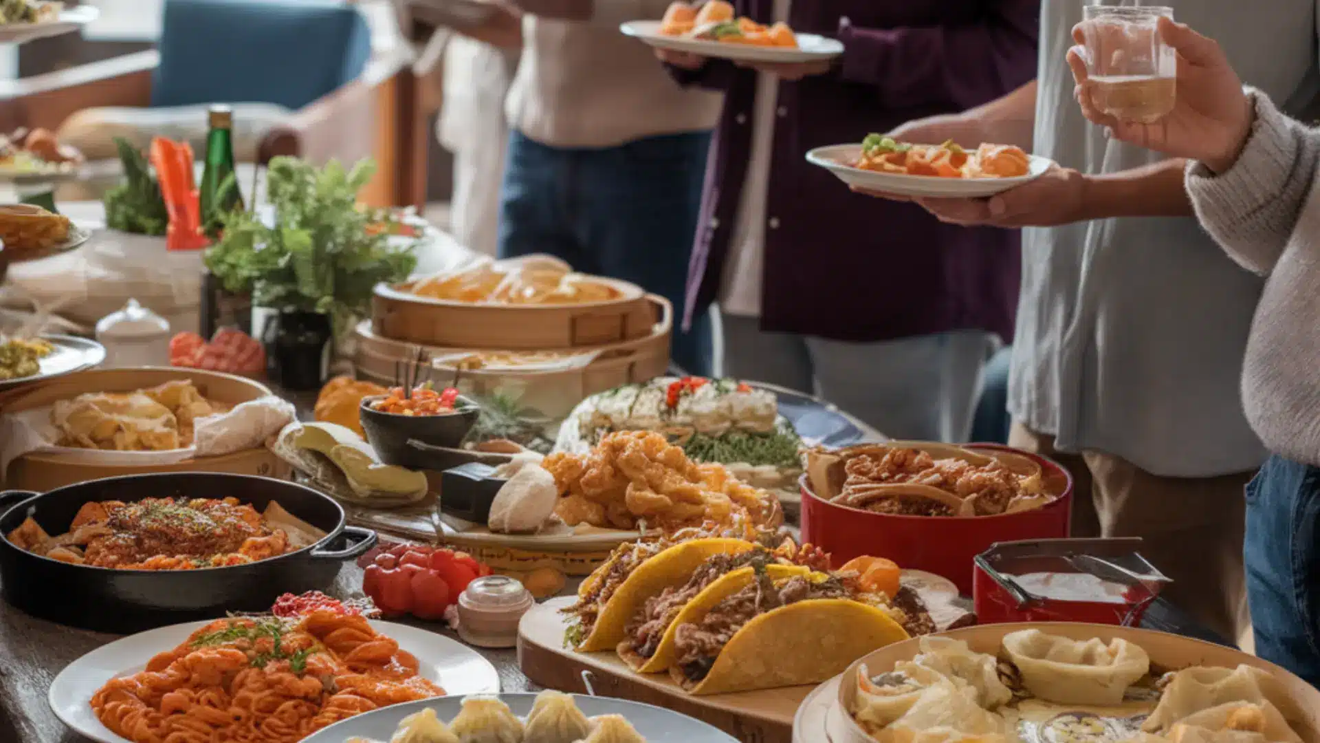 Table filled with diverse homemade dishes at potluck gathering as people serve food and socialize