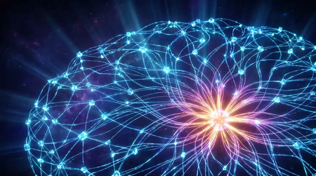 Glowing neural network with bright center and interconnected nodes on dark cosmic background