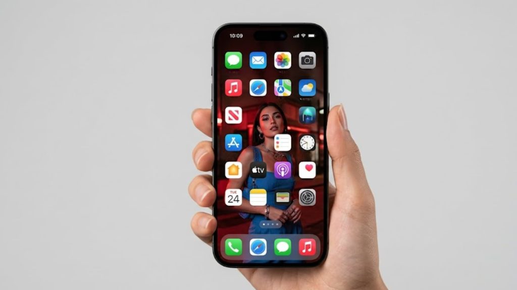 The phone is centered and fully visible. The iPhone 15 has thin bezels and a Dynamic Island at the top. On the screen, show an iOS home screen with colorful app icons