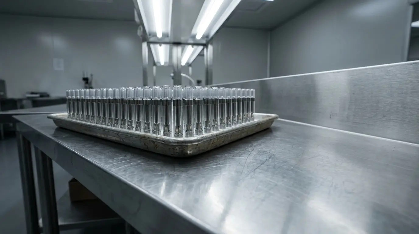 Tray of test tubes on stainless steel table in bright laboratory setting