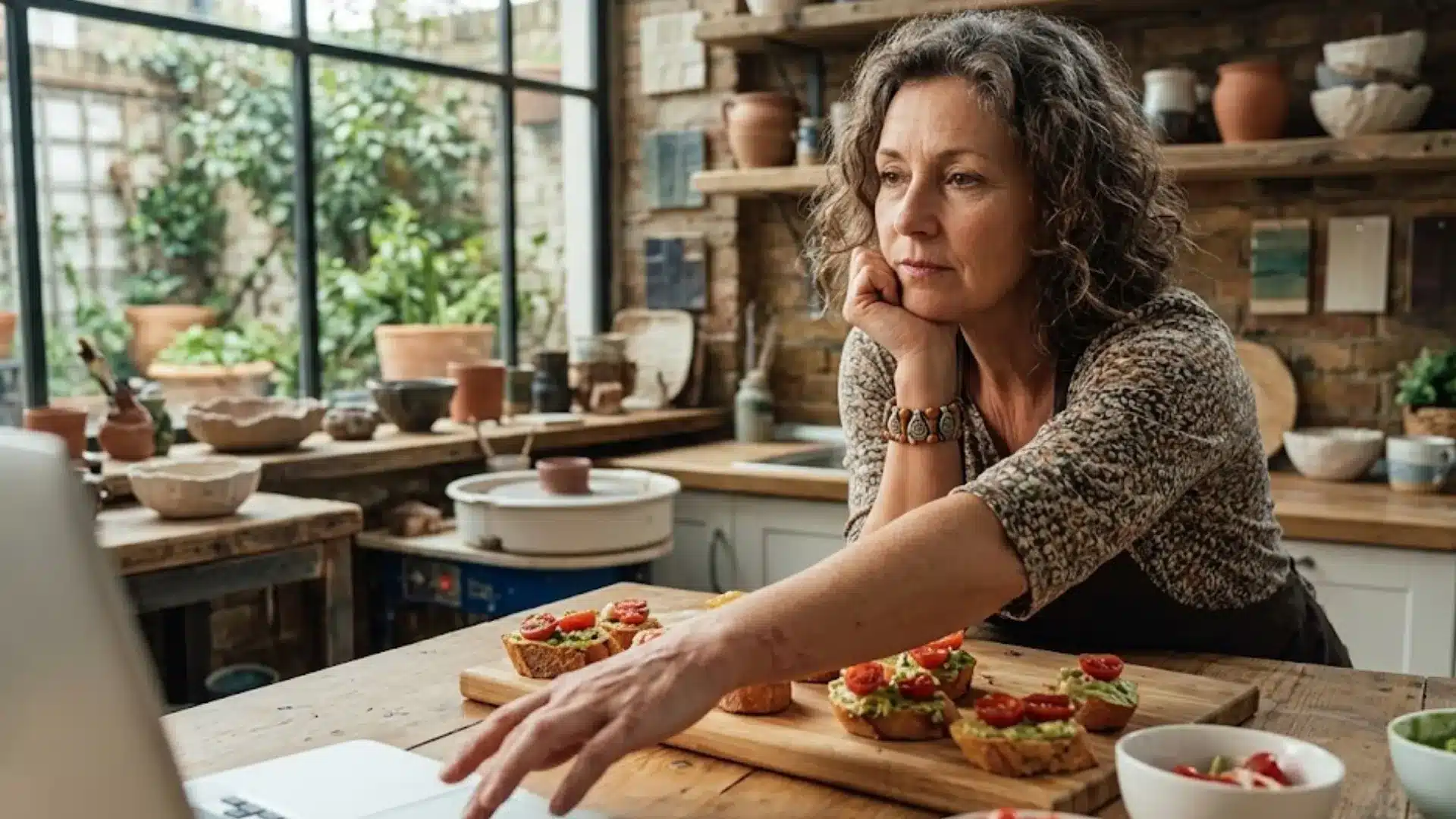 Woman preparing food in kitchen while looking at laptop, multitasking between cooking and online activity