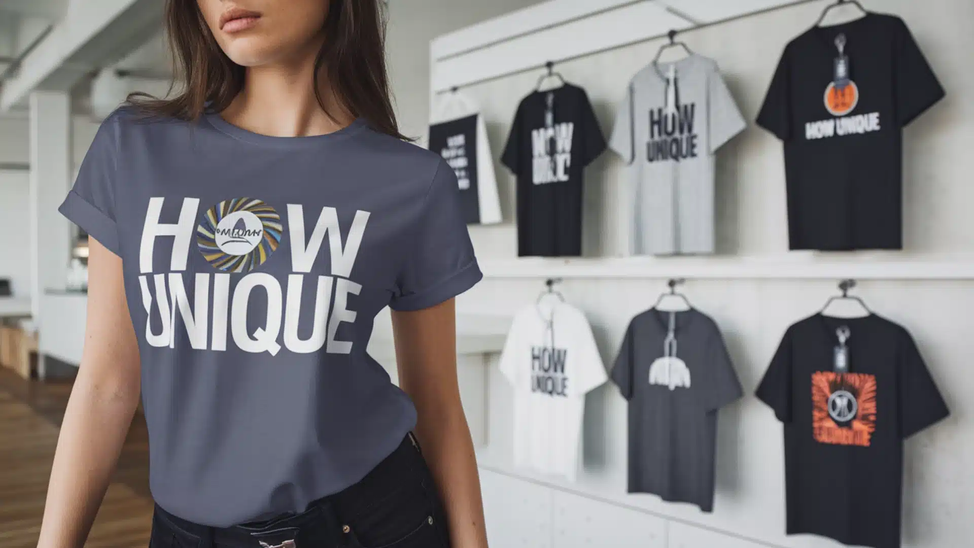 Woman wearing custom printed t shirt in retail store with branded designs displayed on wall behind