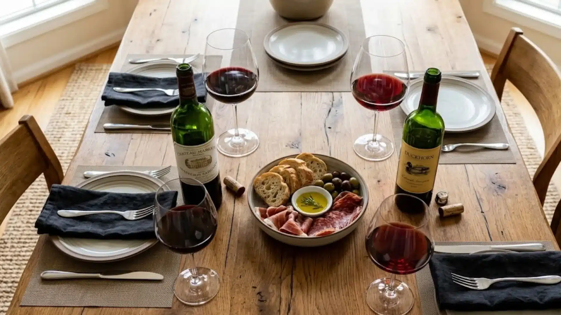 Wooden table set with wine, charcuterie board, plates and glasses arranged for cozy meal setting
