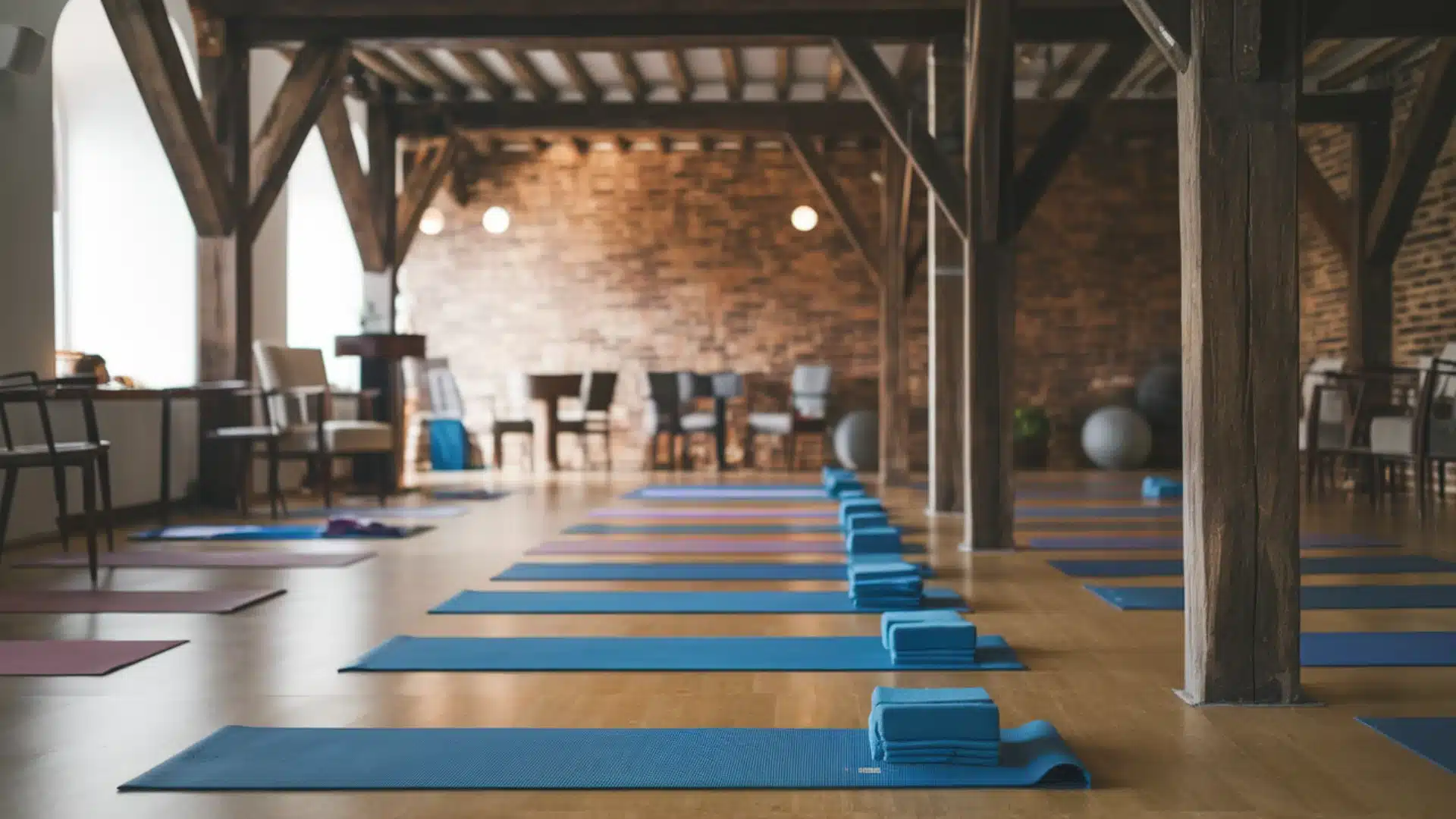 Yoga studio with mats and blocks neatly arranged in spacious room with wooden beams and calm vibe