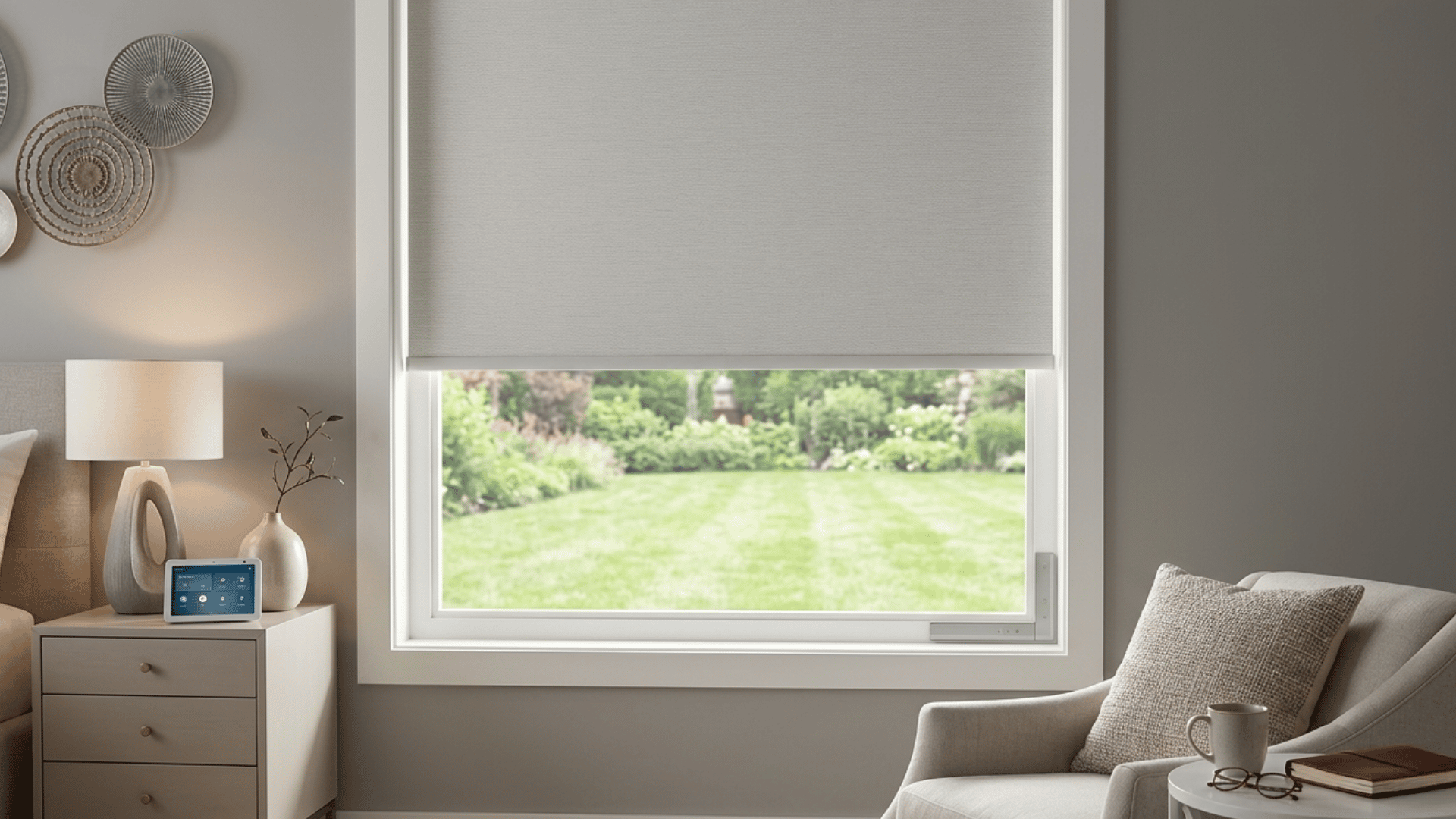 A bedroom with a window covered by a roller shade showing a smart home device on a nightstand and a cozy chair nearby