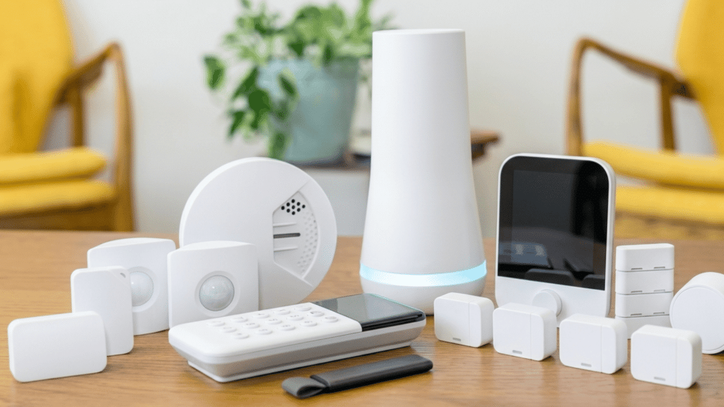 A collection of smart home devices including sensors controllers and a hub arranged on a wooden table with chairs and a plant in the background