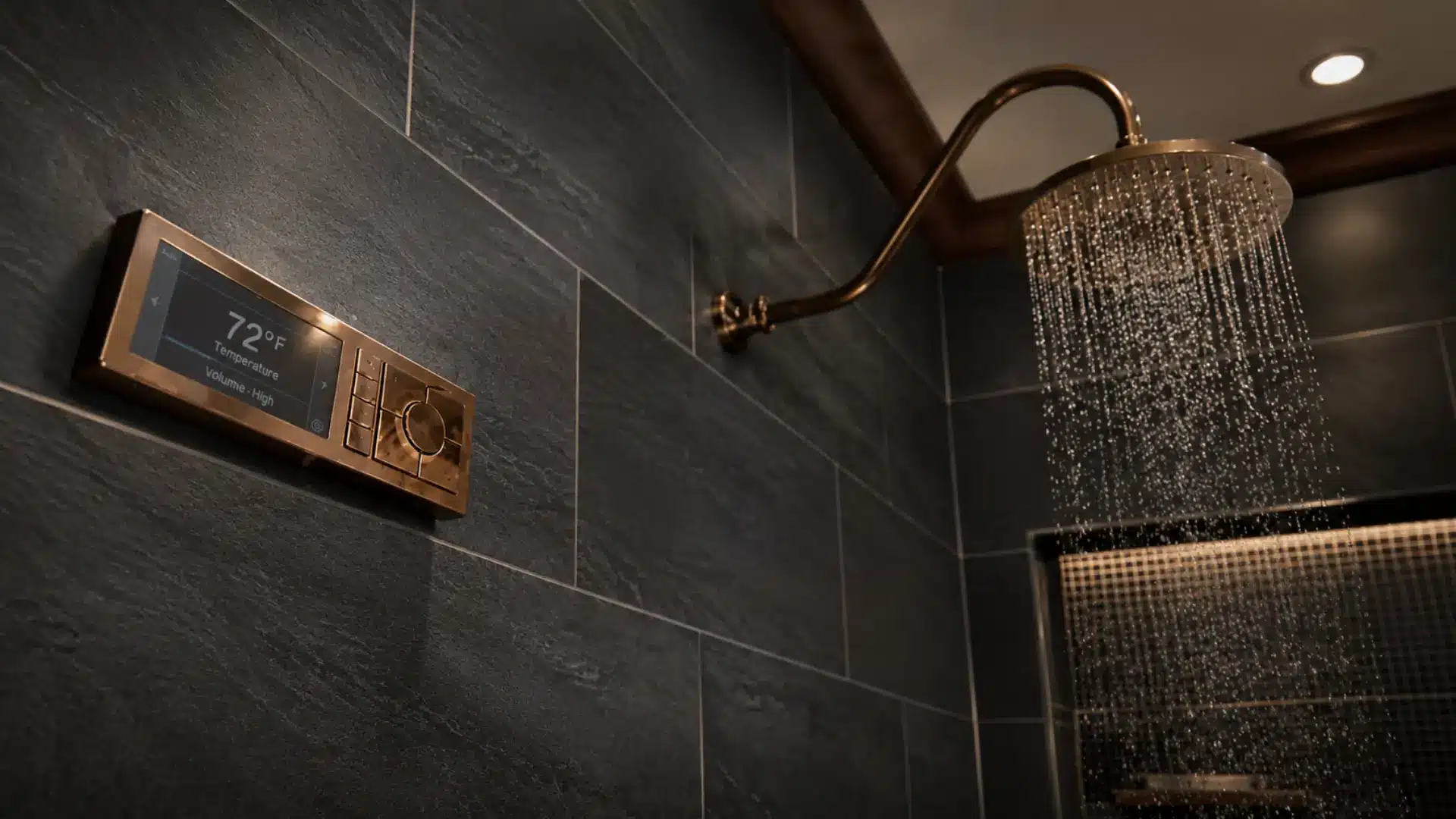 A digital smart shower controller showing 72°F next to a running, bronze rain shower head on a dark tile wall