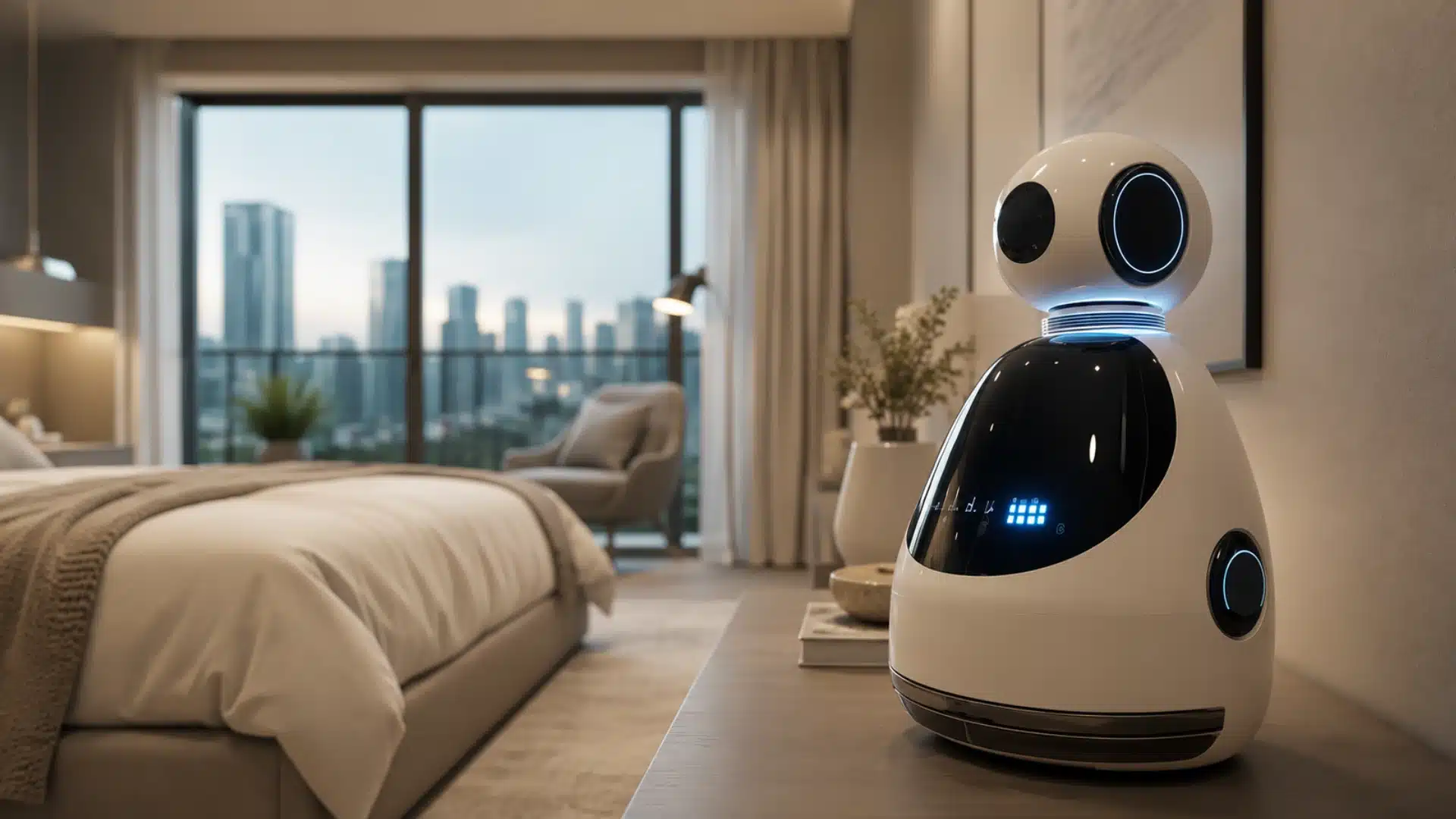 A futuristic, white spherical robot sits on a nightstand in a modern bedroom overlooking a city skyline