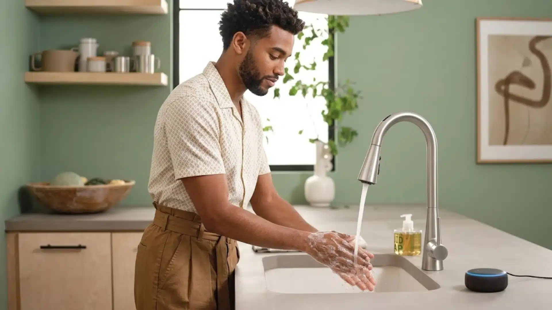 A man with soapy hands washes them under a running kitchen faucet next to an Echo Dot smart speaker