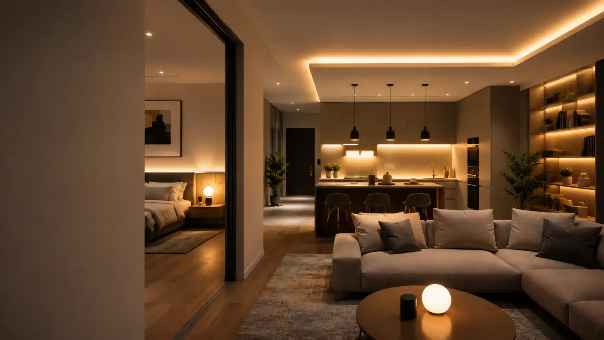 A modern apartment with a warm-toned living room, open kitchen, and a glimpse into an adjacent bedroom