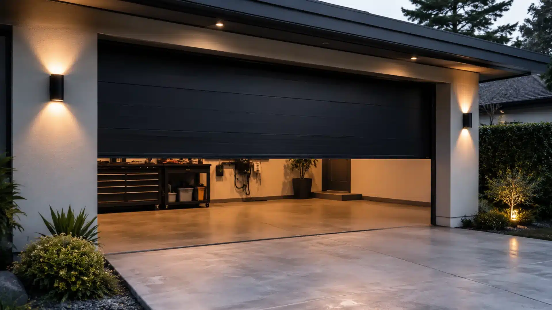 A modern, black sectional garage door partially open, revealing a clean garage interior with warm lighting
