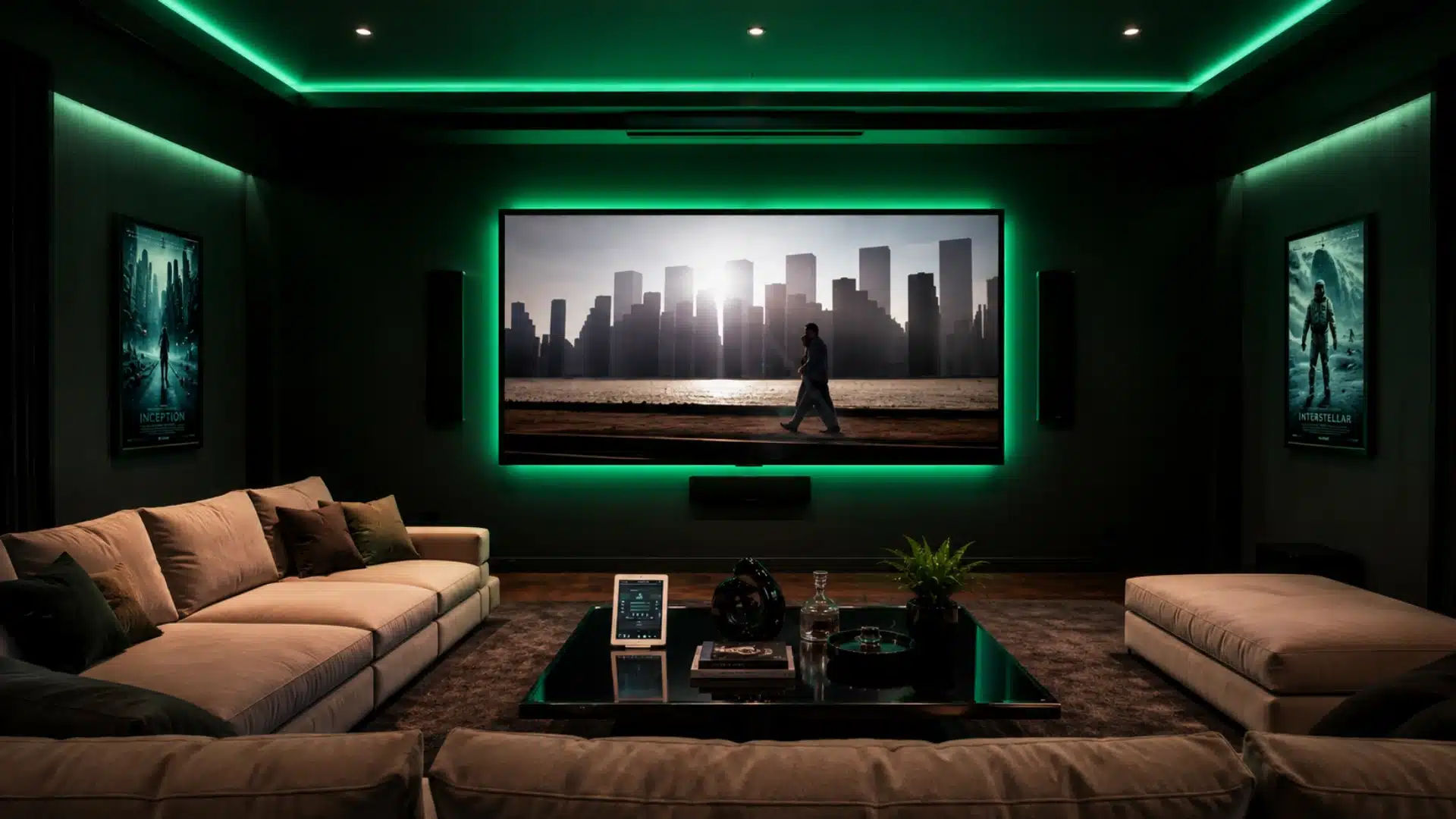 _A modern home theater room with green LED backlighting around a large screen displaying a movie scene