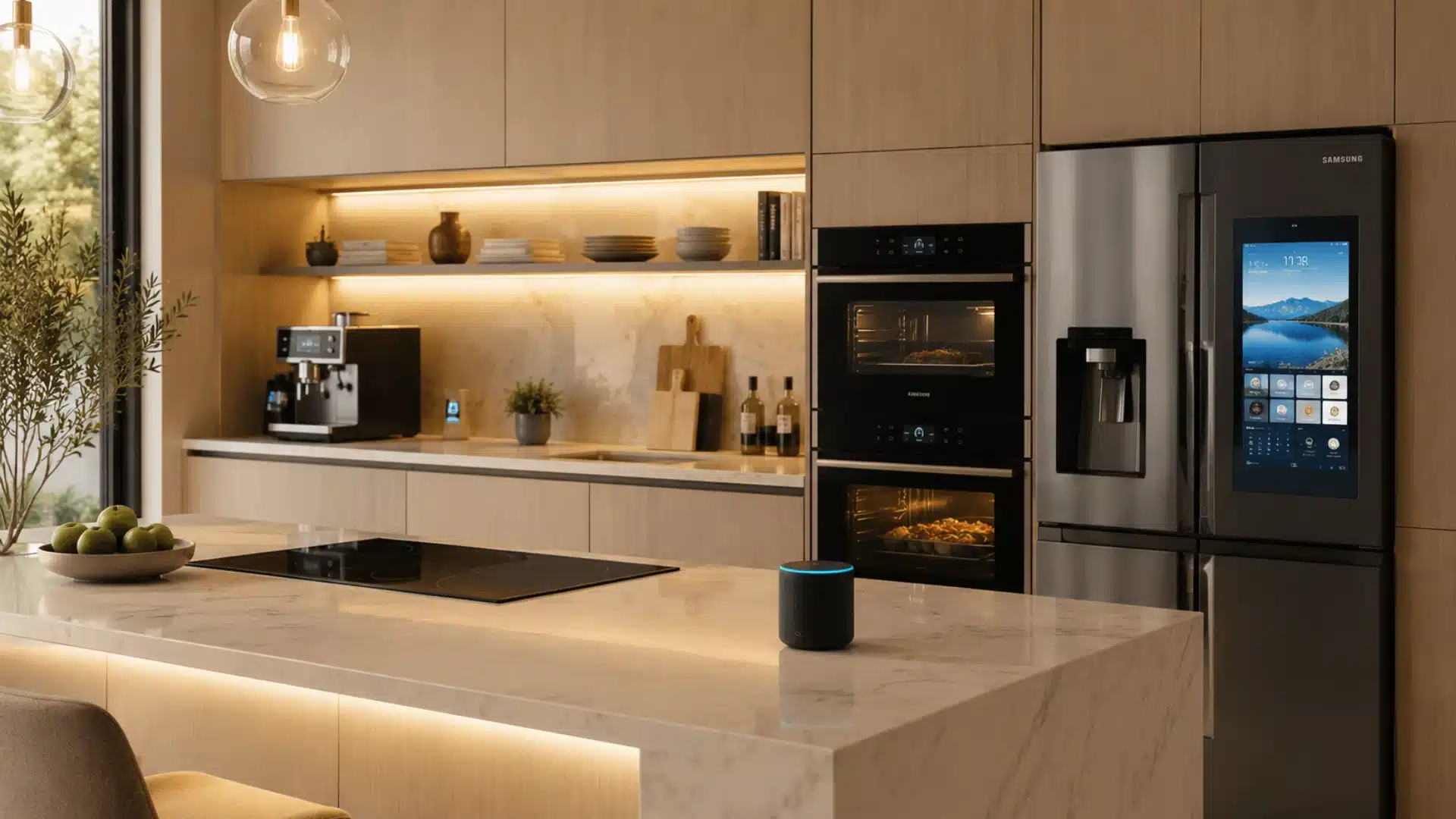 A modern kitchen with a smart refrigerator, built-in ovens, a coffee machine, and a smart speaker on a marble island