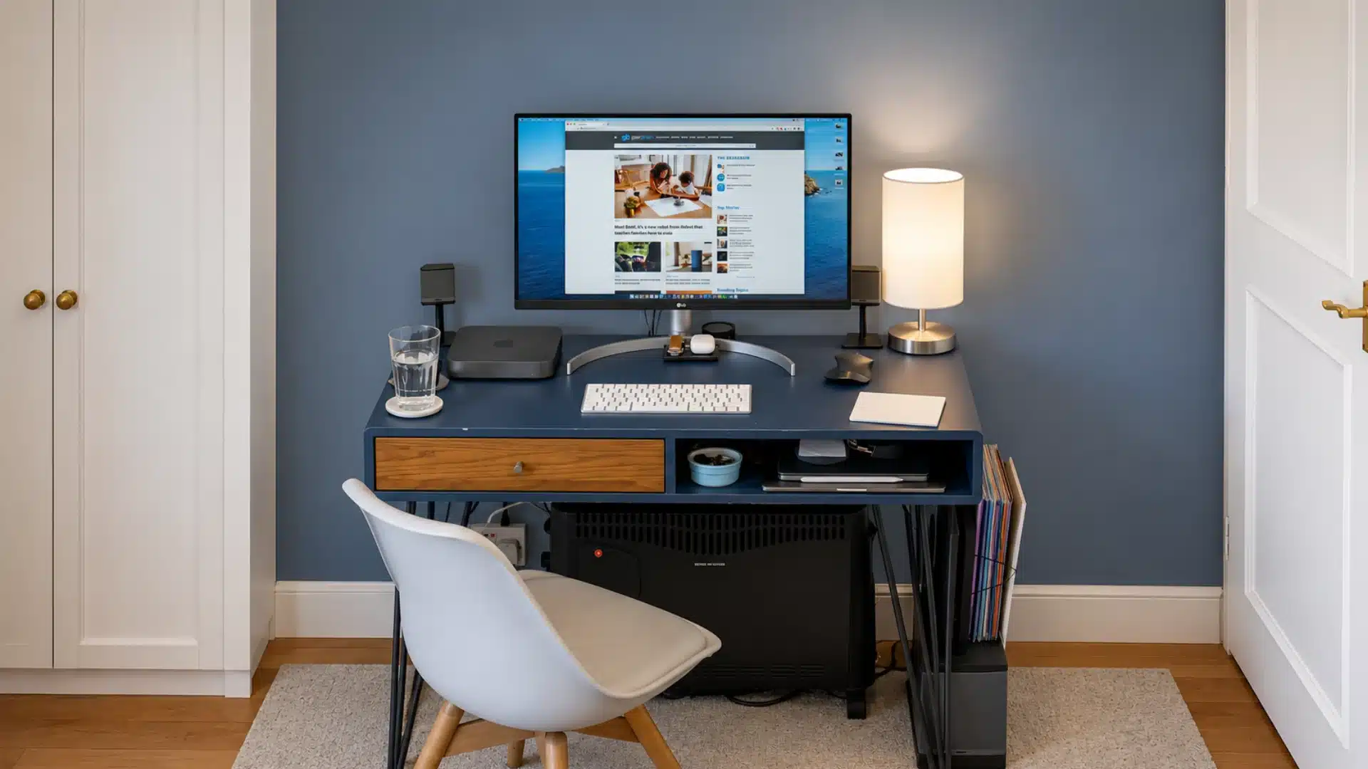 A modern, organized desk setup with a computer monitor, lamp, white chair, and Mac Mini on a blue accent wall