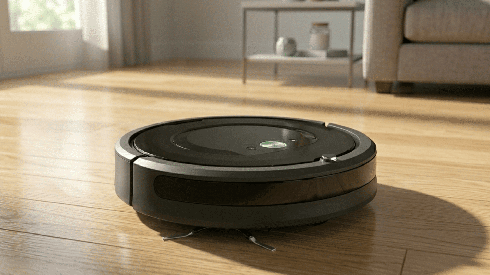 A robot vacuum cleaner on a wooden floor with sunlight streaming in a living room and a couch in the background