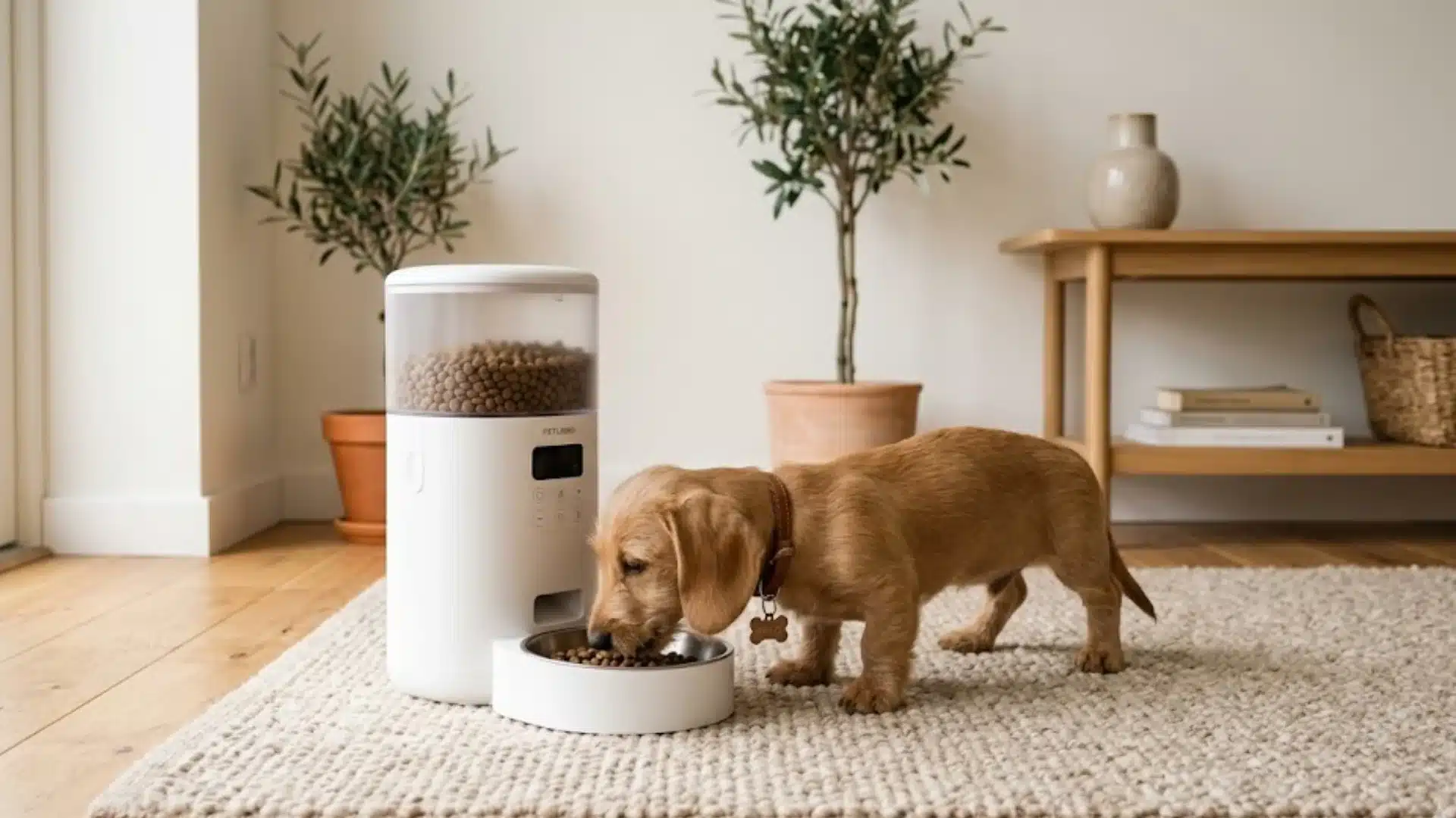 A small brown puppy eating kibble from an automatic white pet feeder on a rug in a bright room