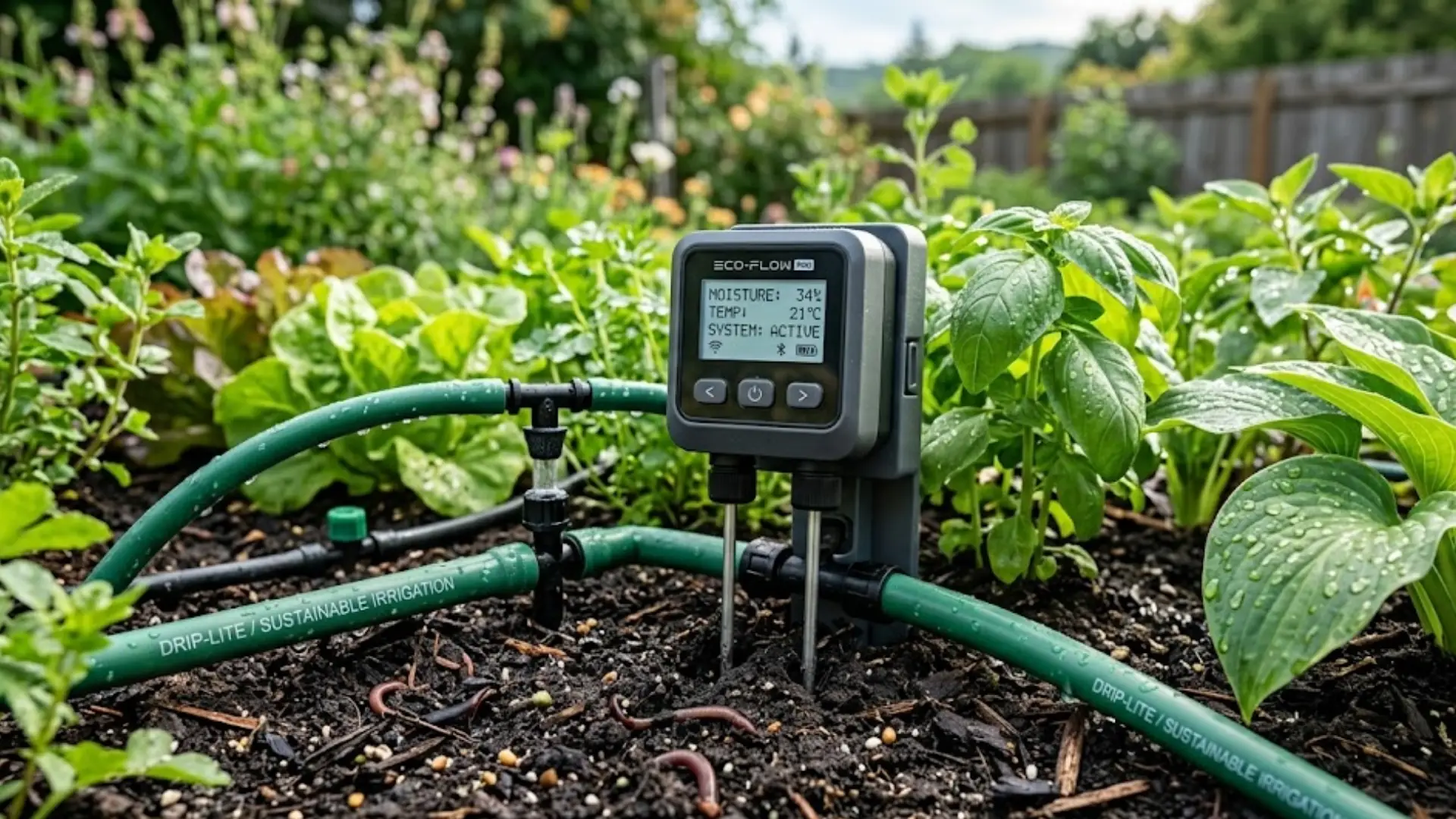 A smart irrigation controller with an Eco-Flow display sits in a garden bed next to drip-irrigation pipes