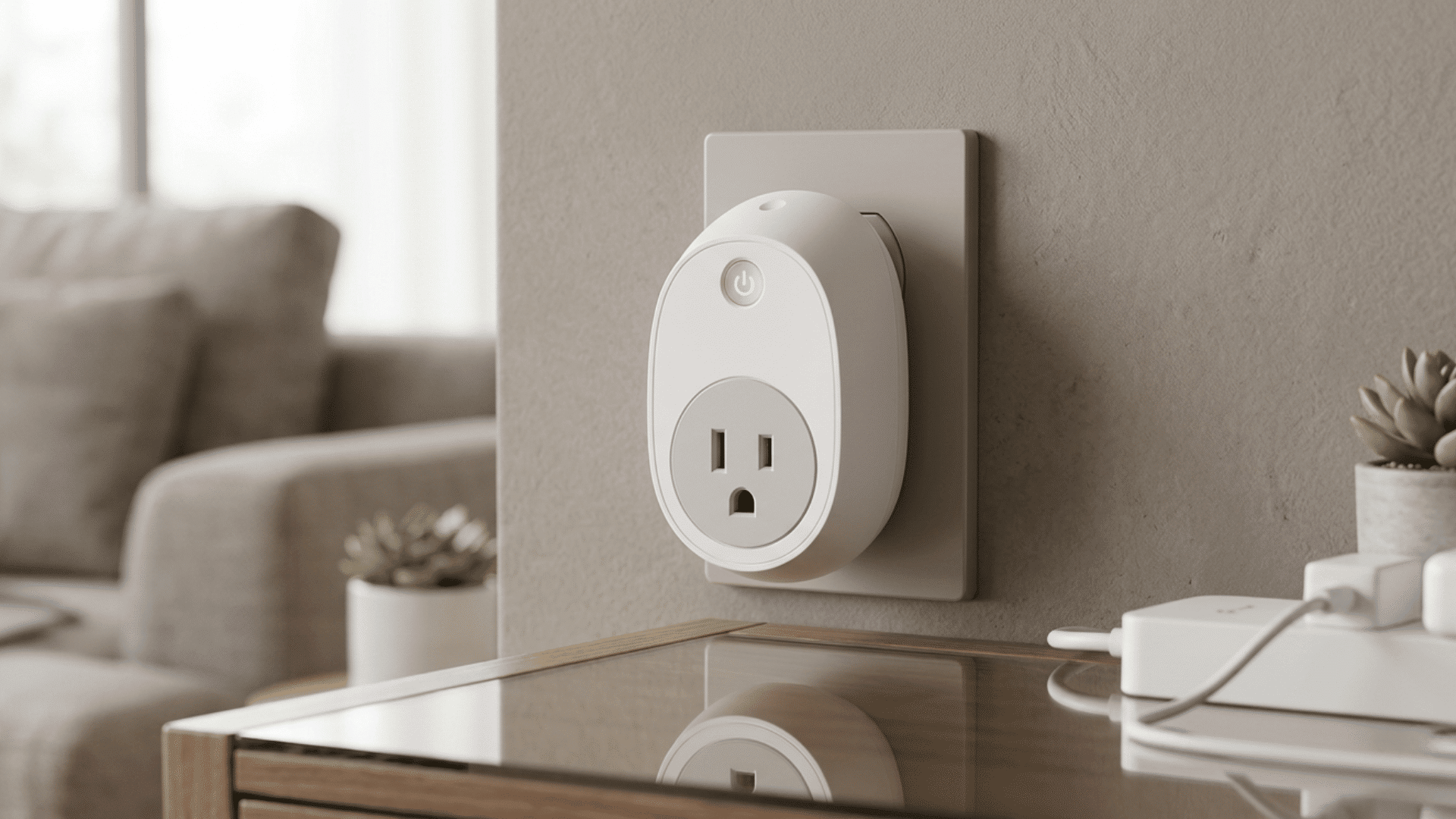 A smart plug inserted in a wall outlet next to a table with succulents and a blurred couch in the background