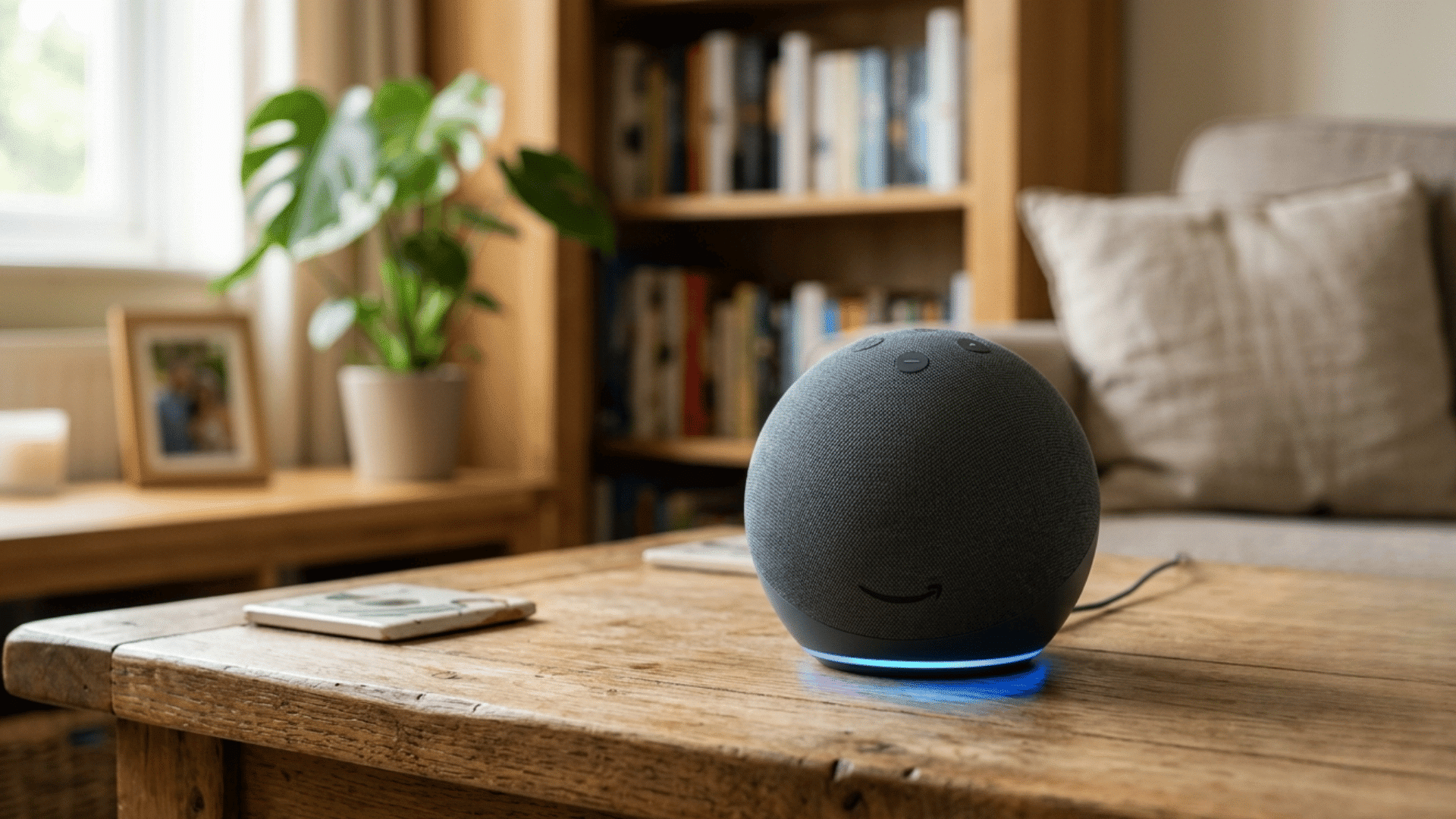 A smart speaker on a wooden coffee table with a book plant and couch in the background