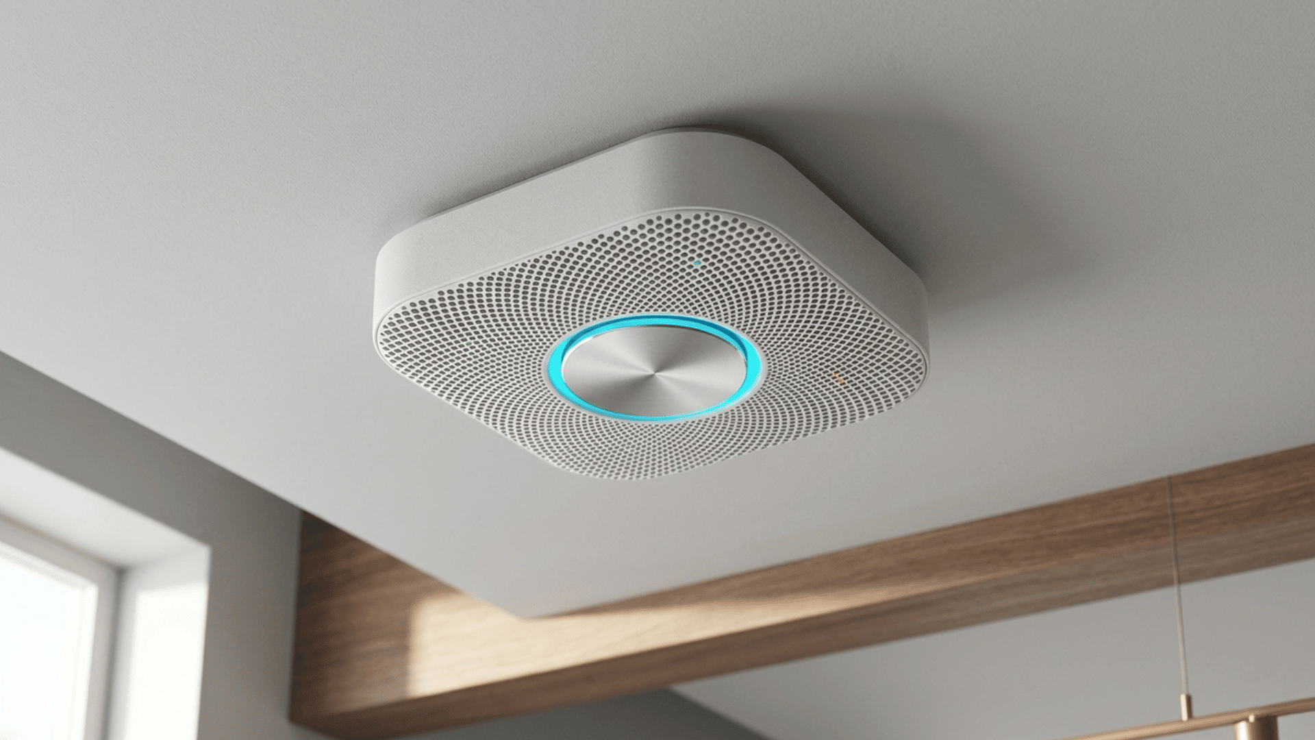 A smoke and carbon monoxide detector mounted on the ceiling with a glowing blue ring and a window nearby