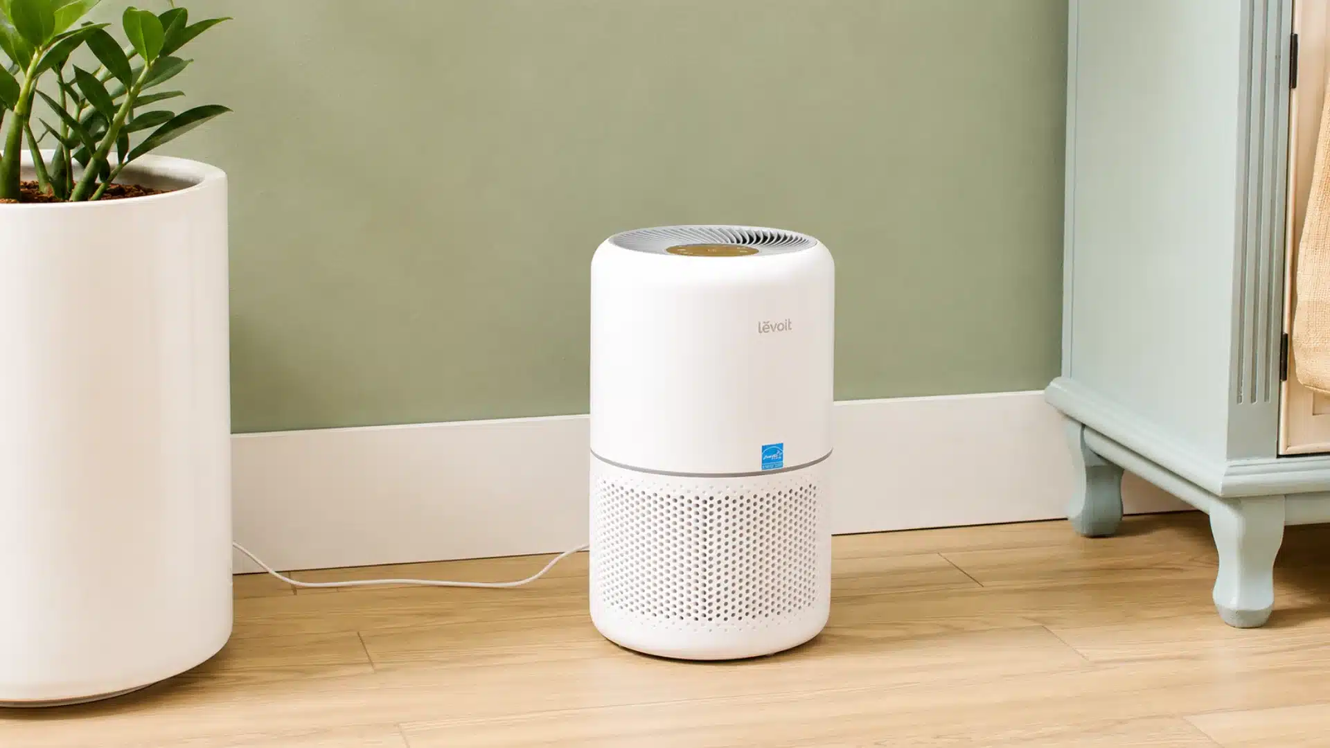 A white cylindrical Levoit air purifier sitting on a wooden floor next to a potted plant