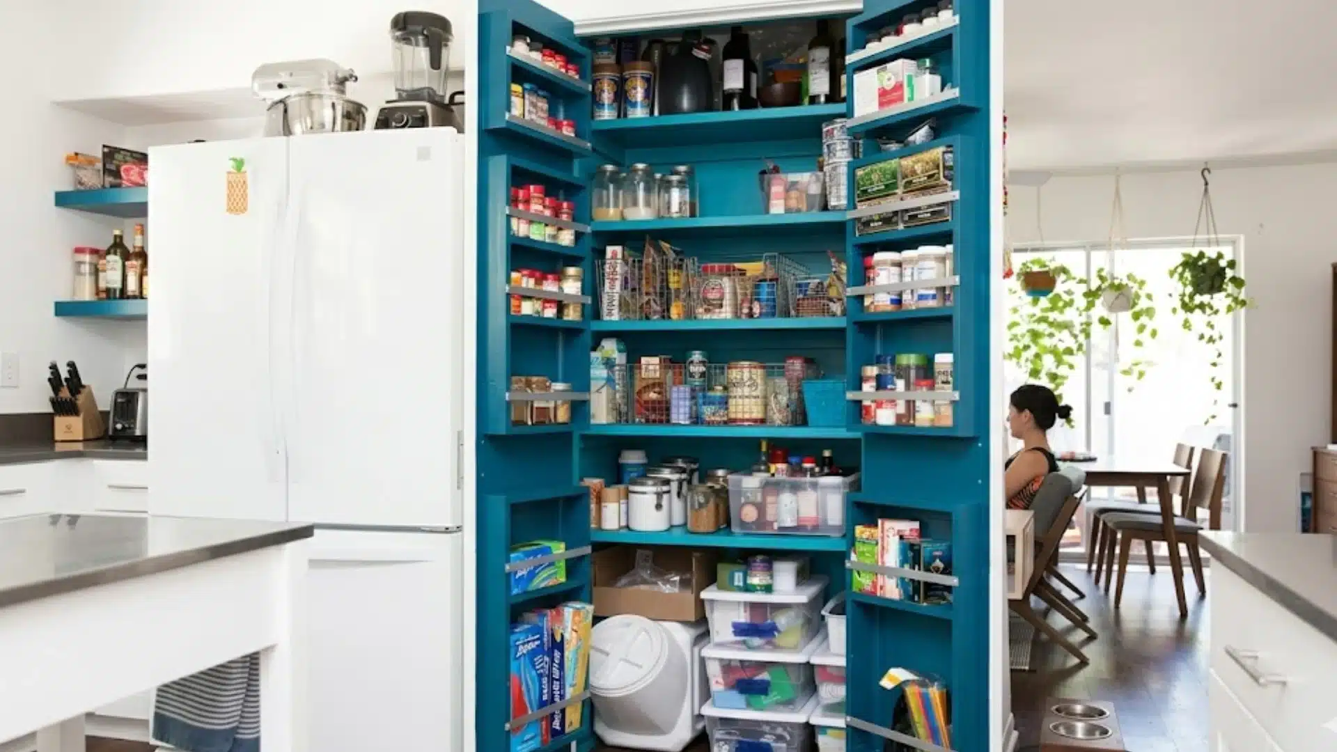 A wide shot of a bright kitchen featuring a white refrigerator and an organized teal pantry filled with supplies