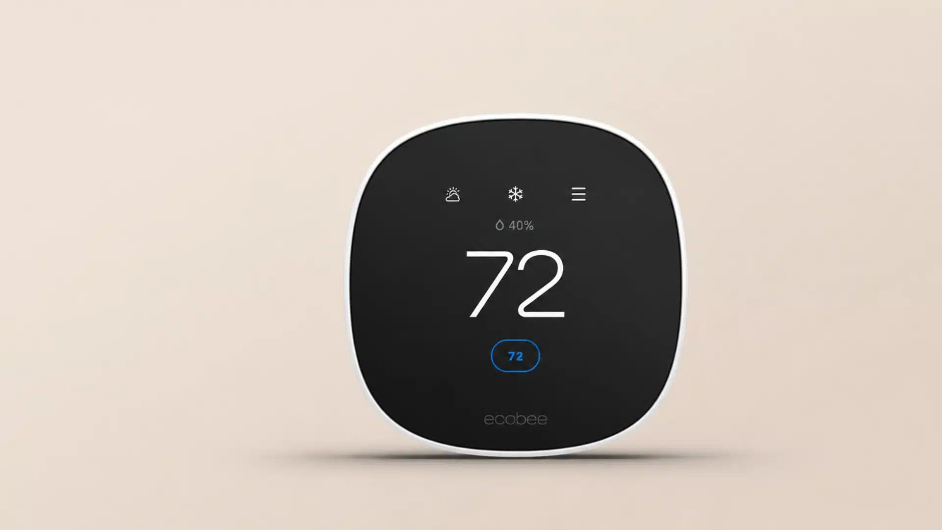 An ecobee smart thermostat displays a temperature of 72 degrees against a plain beige background