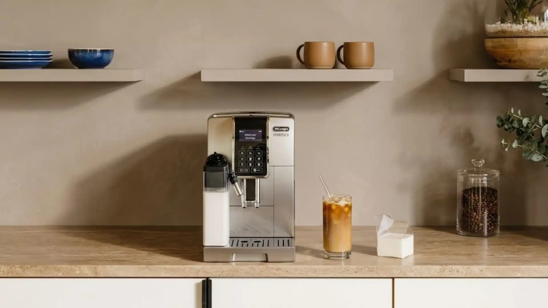 An espresso machine with a milk carafe sits on a kitchen counter next to an iced coffee glass