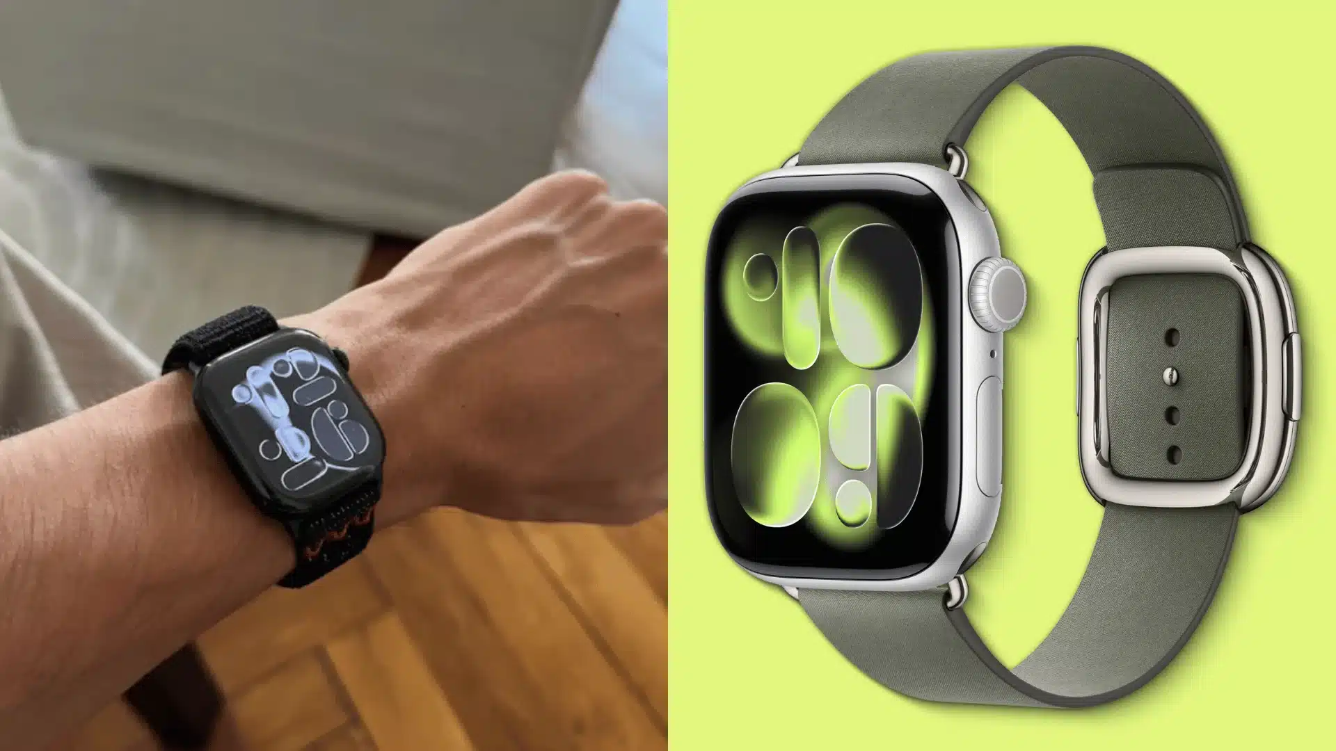 Apple Watch Series 11 shown on wrist beside silver model with green sport loop band and glowing display wallpaper