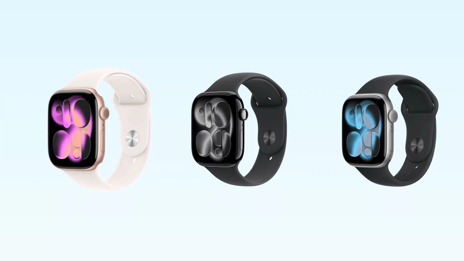 Apple Watch Series 11 smartwatches in pink, black, and silver finishes with colorful display backgrounds and silicone sport bands