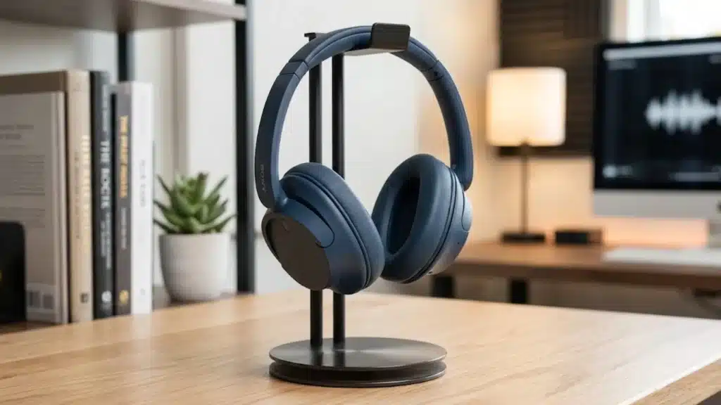 Blue Sony WH-CH720N headphones on a stand in a home office setup with books and a monitor