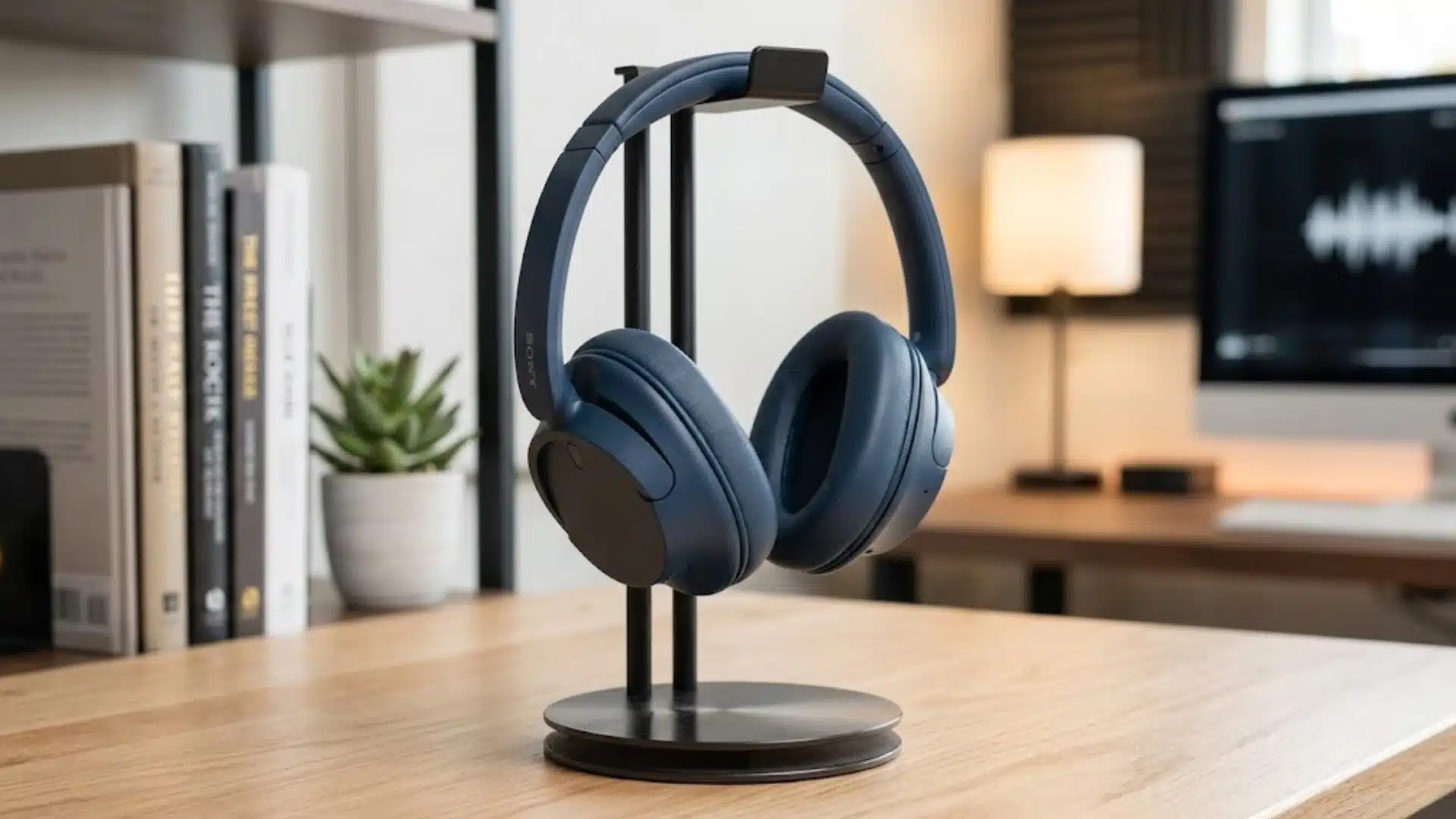 Blue Sony WH-CH720N headphones on a stand in a home office setup with books and a monitor