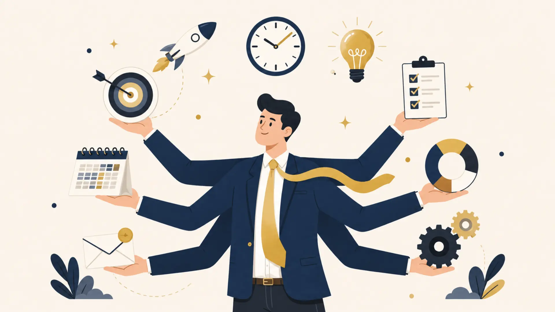 Business professional multitasks with charts, goals, calendar, email, gears, and checklist icons